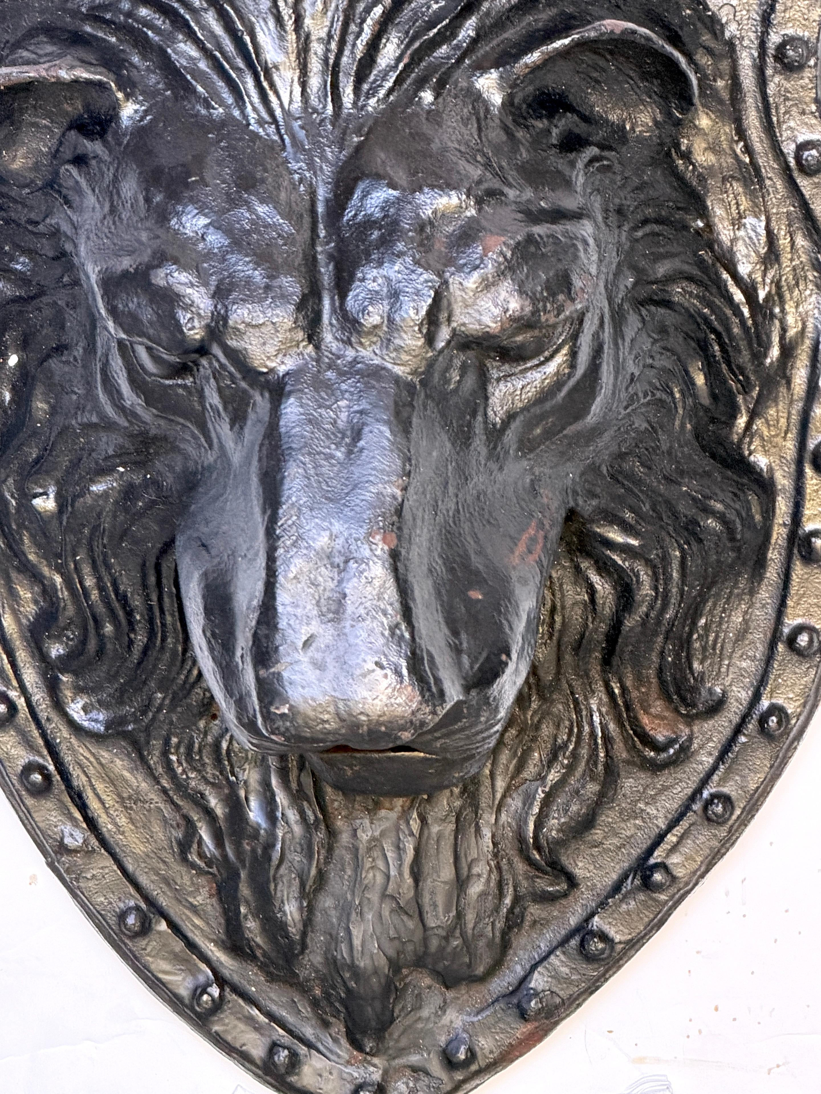 Large 19th C. American Cast-Iron Lion Shield Medallion, Architectural Ornament For Sale 7