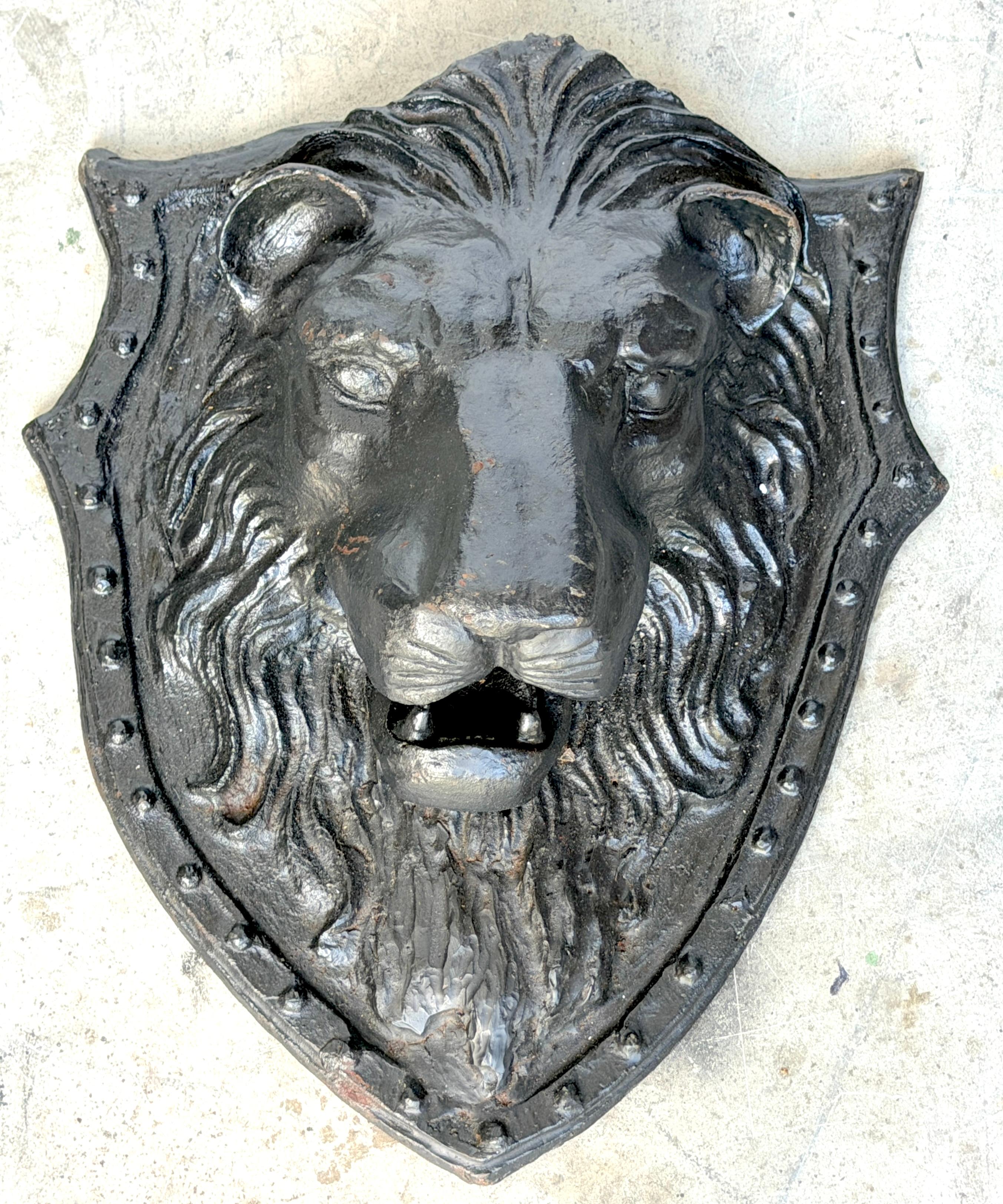 Victorian Large 19th C. American Cast-Iron Lion Shield Medallion, Architectural Ornament For Sale
