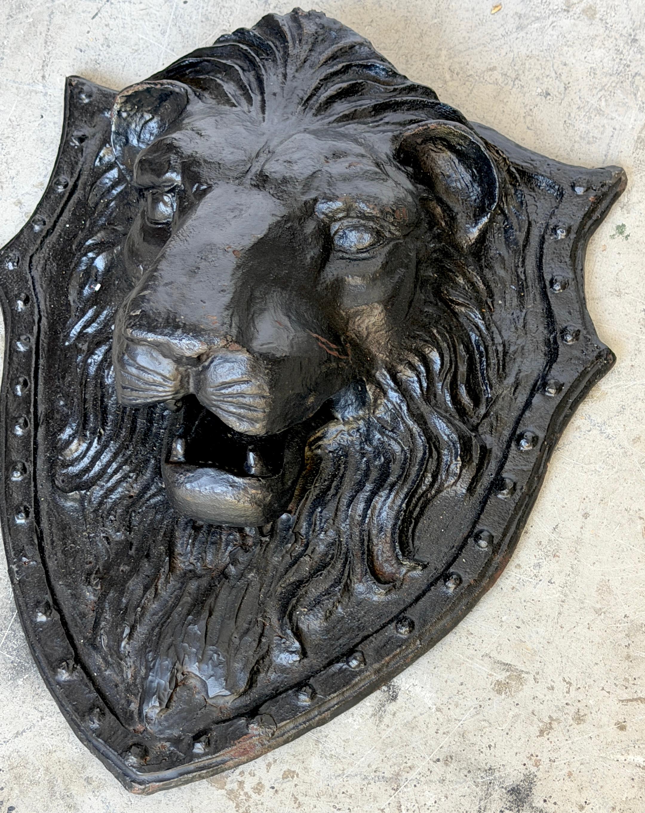 Large 19th C. American Cast-Iron Lion Shield Medallion, Architectural Ornament In Good Condition For Sale In West Palm Beach, FL