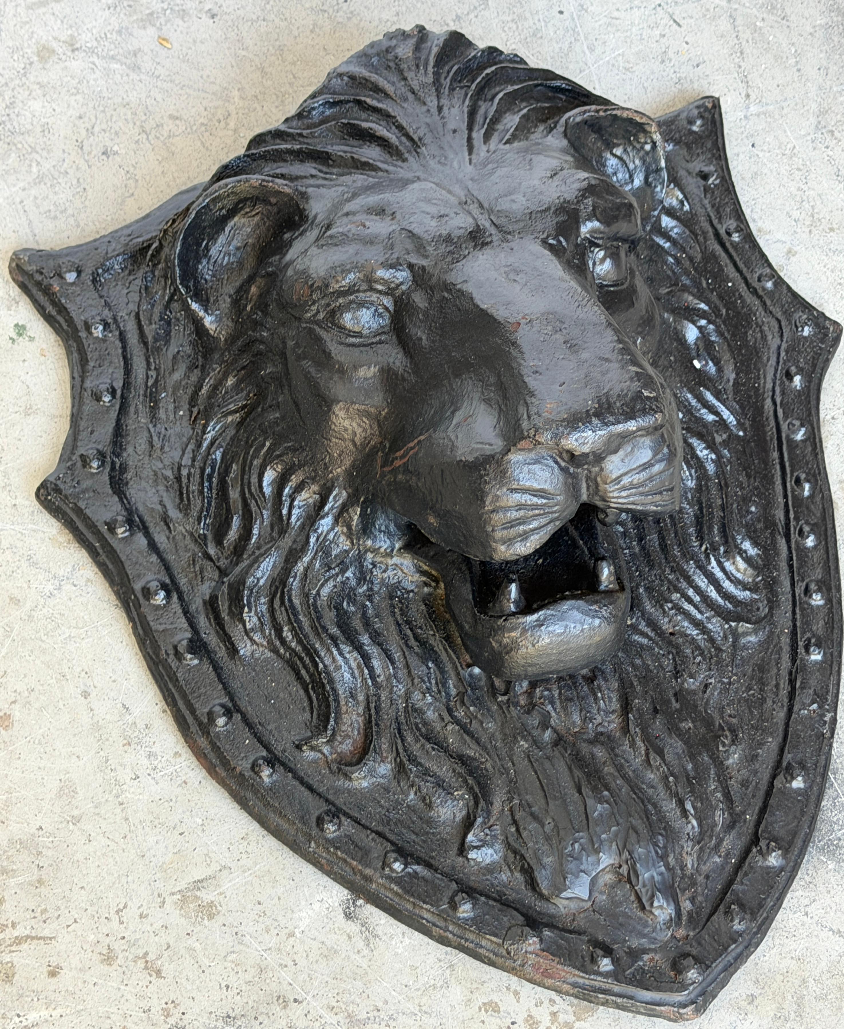 19th Century Large 19th C. American Cast-Iron Lion Shield Medallion, Architectural Ornament For Sale