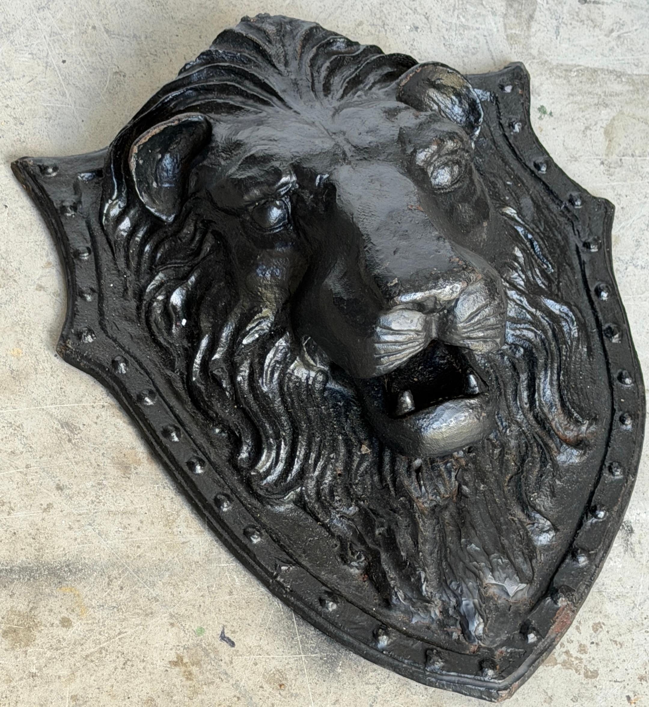 Large 19th C. American Cast-Iron Lion Shield Medallion, Architectural Ornament For Sale 1