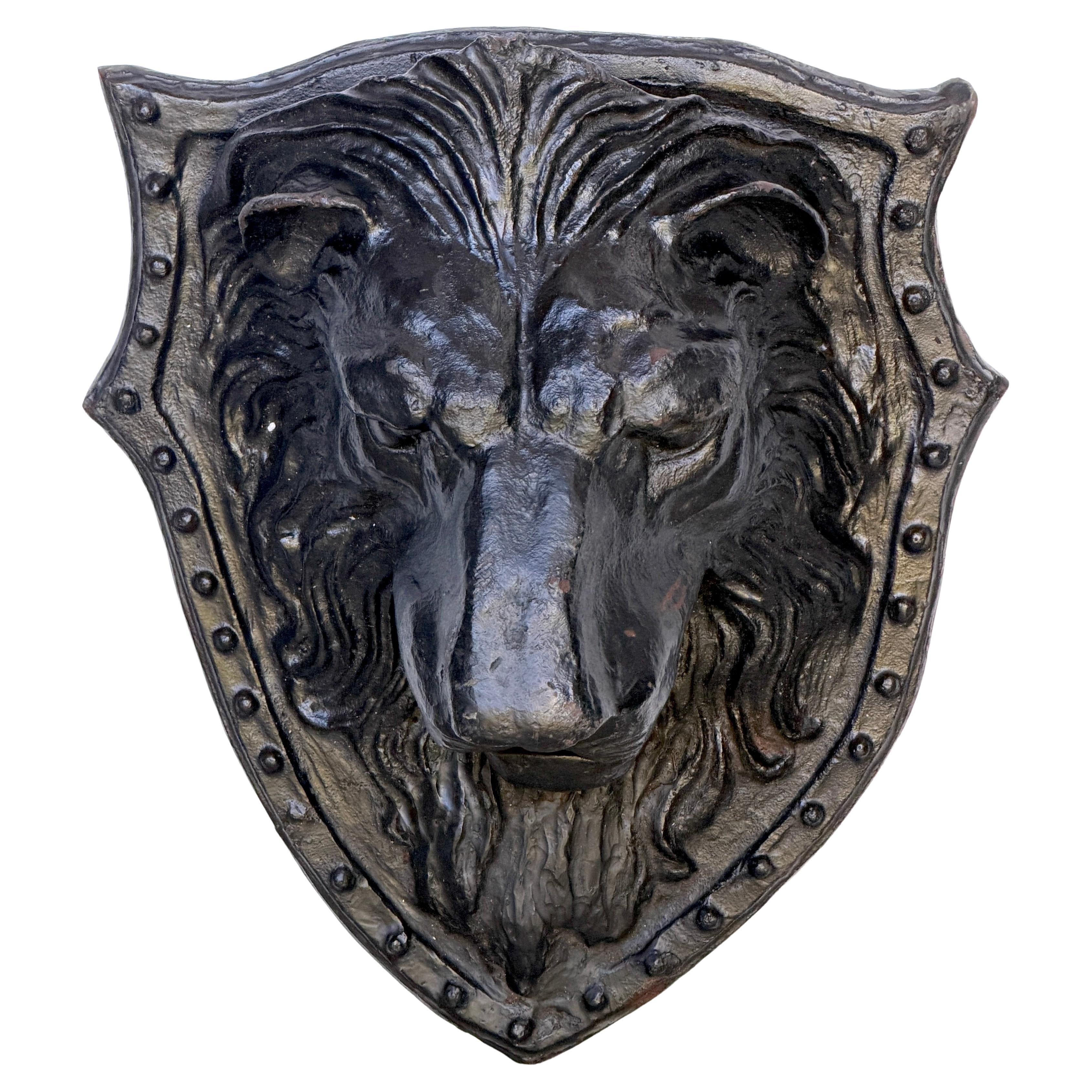 Large 19th C. American Cast-Iron Lion Shield Medallion, Architectural Ornament For Sale