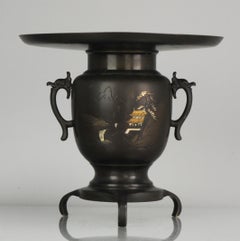 Large 19th Century Antique Meiji Japanese Bronze Ikebana Flower Vase Landscape