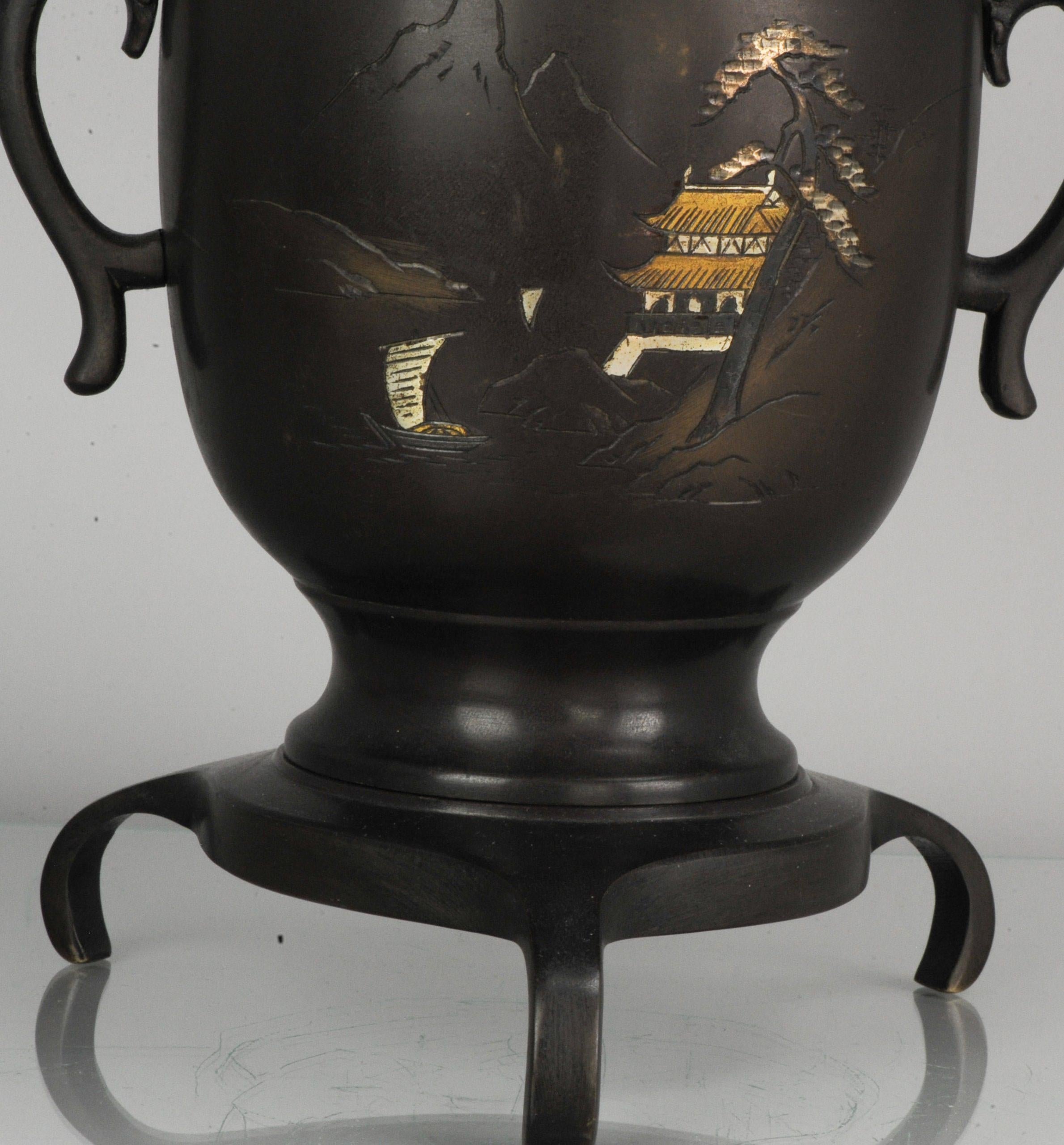 Large 19th Century Antique Meiji Japanese Bronze Ikebana Flower Vase Landscape 1