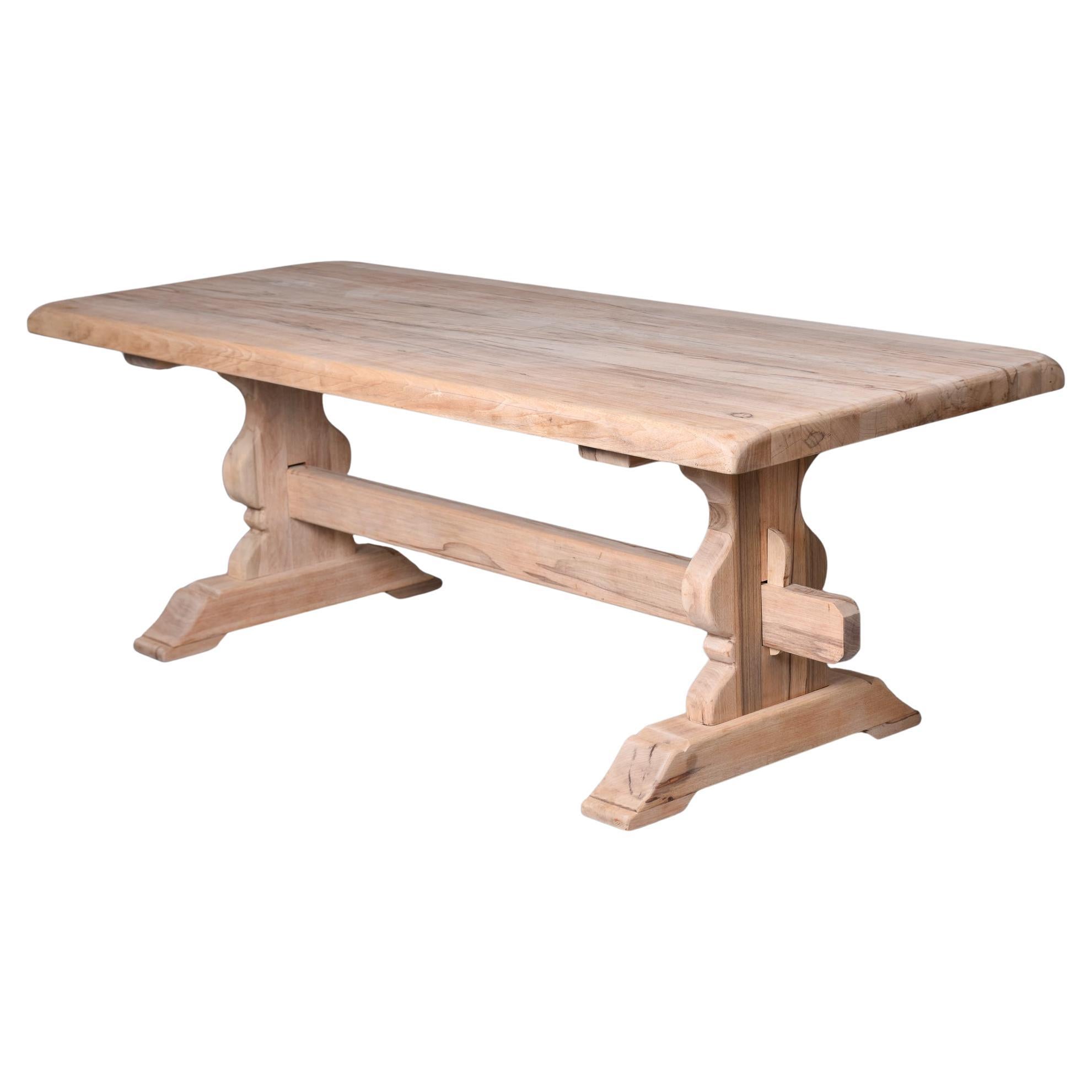 Large 19th C Bare Oak French Country Trestle Farm Table