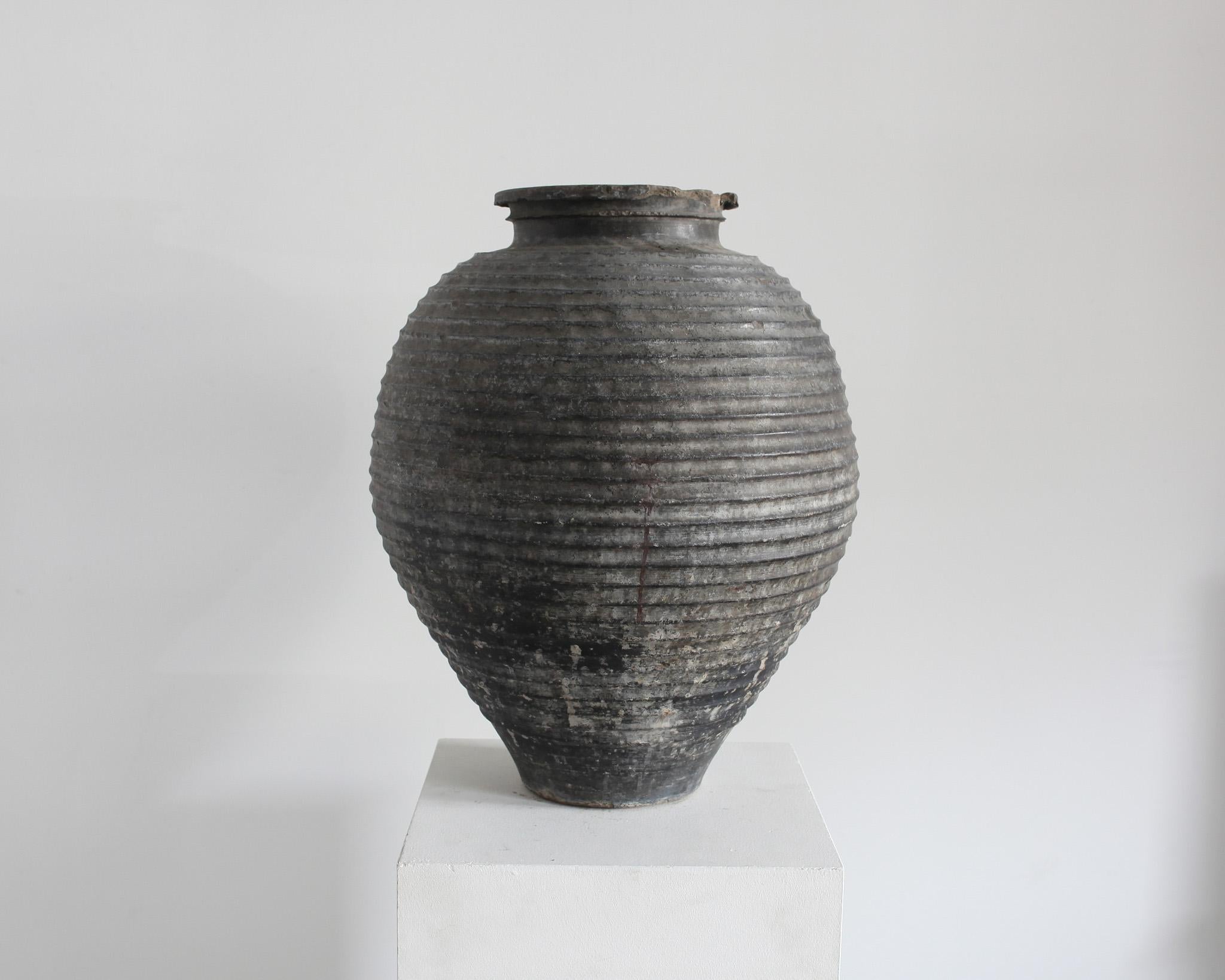 A large black terracotta vessel from northern Portugal.

Originally used for the storage of oil/wine.

Heavily patinated with ripply texture.

Historic chipping to the rim.