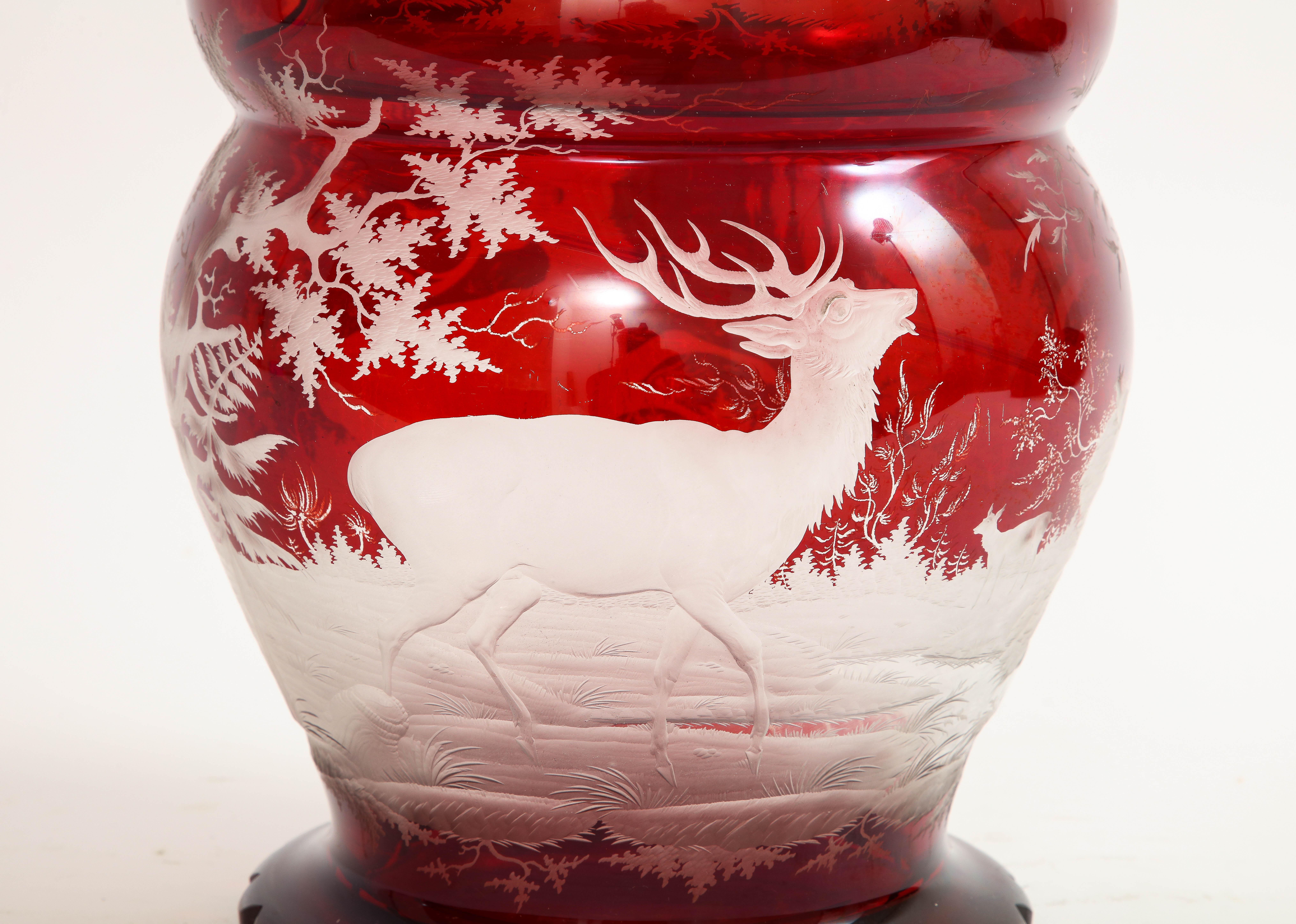 Large 19th C. Bohemian Red-Cut-to-Clear Crystal Punch Bowl w/ Hunting Scenes For Sale 3