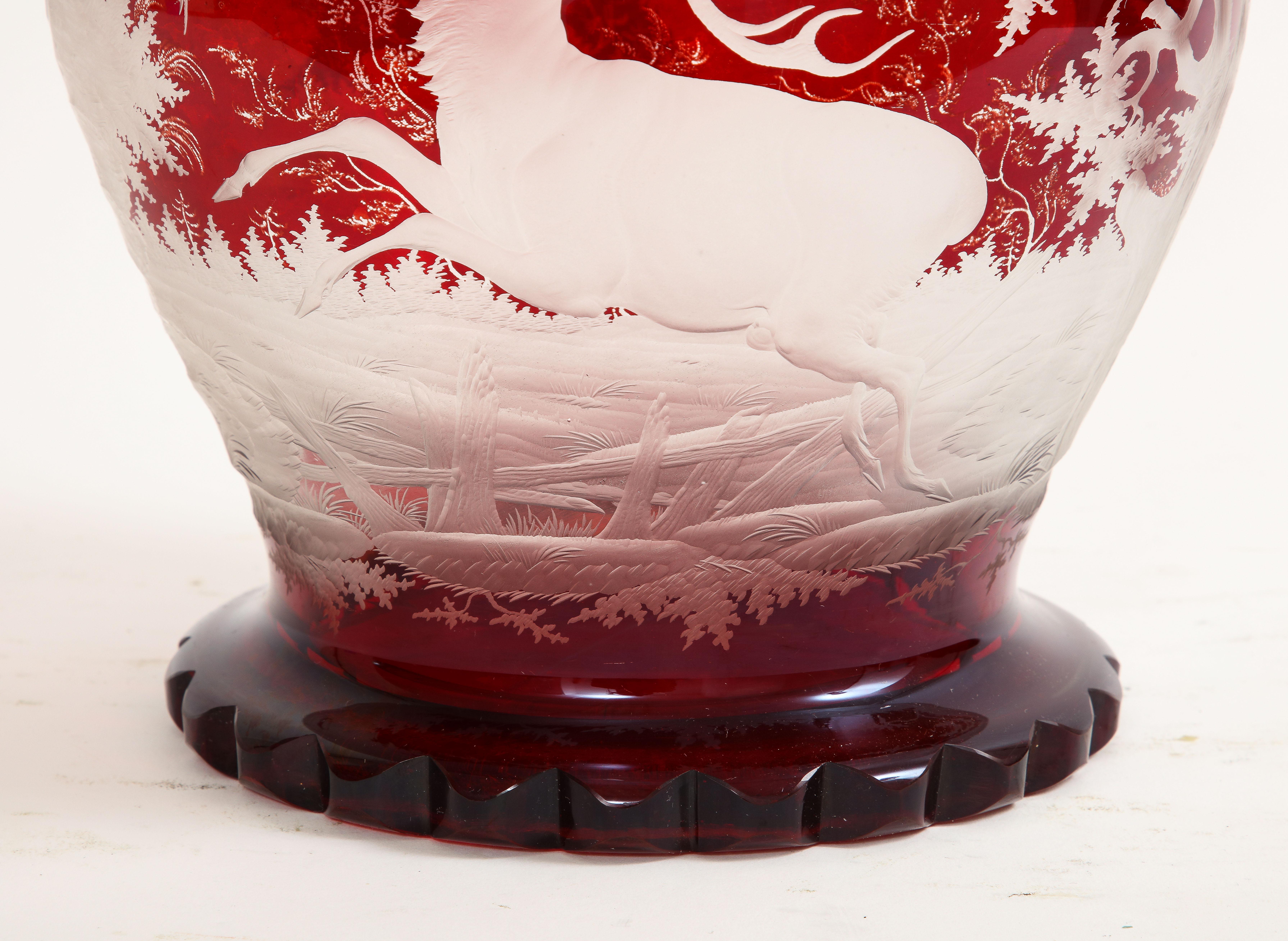 Large 19th C. Bohemian Red-Cut-to-Clear Crystal Punch Bowl w/ Hunting Scenes For Sale 4