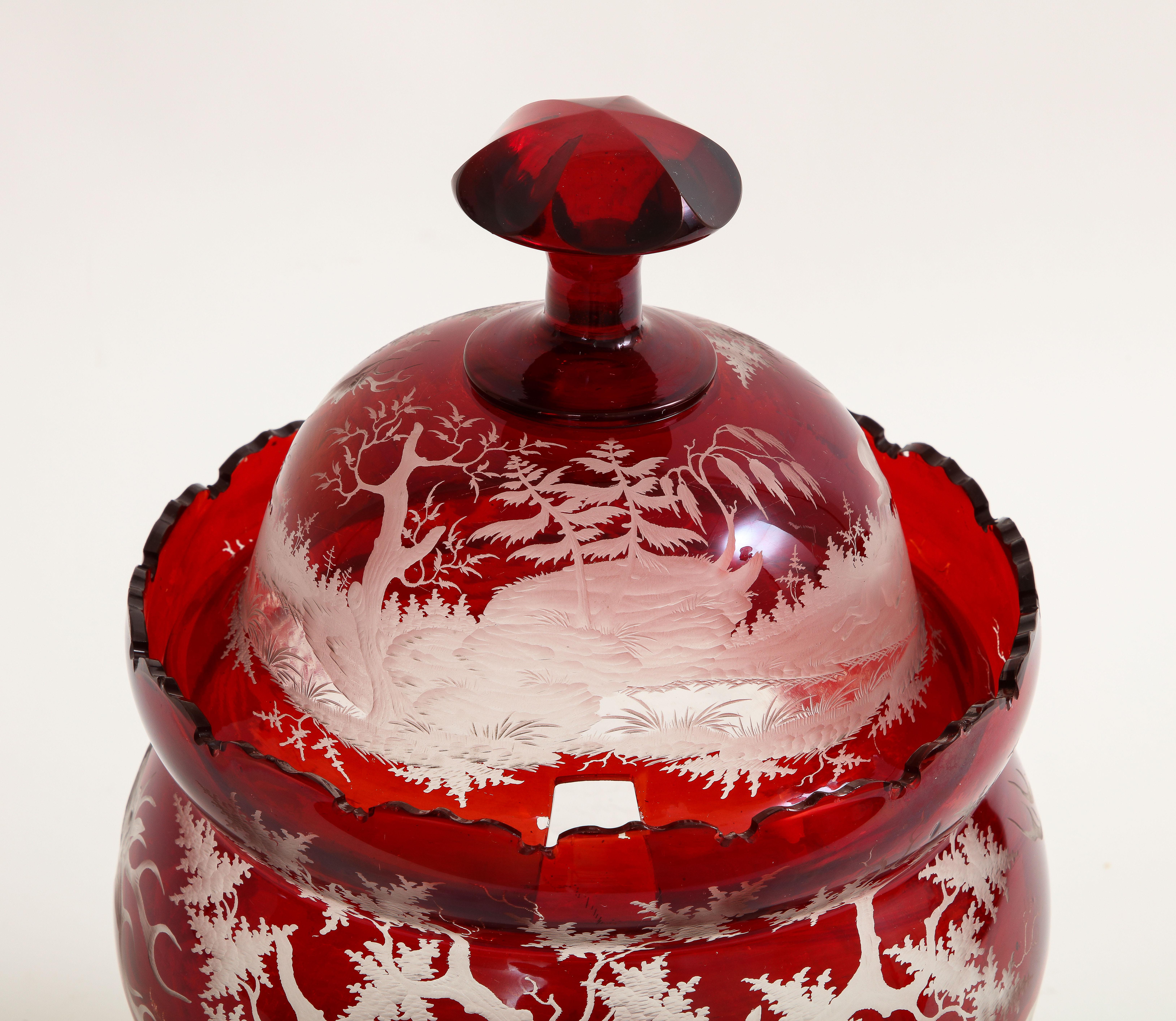 Hand-Carved Large 19th C. Bohemian Red-Cut-to-Clear Crystal Punch Bowl w/ Hunting Scenes For Sale