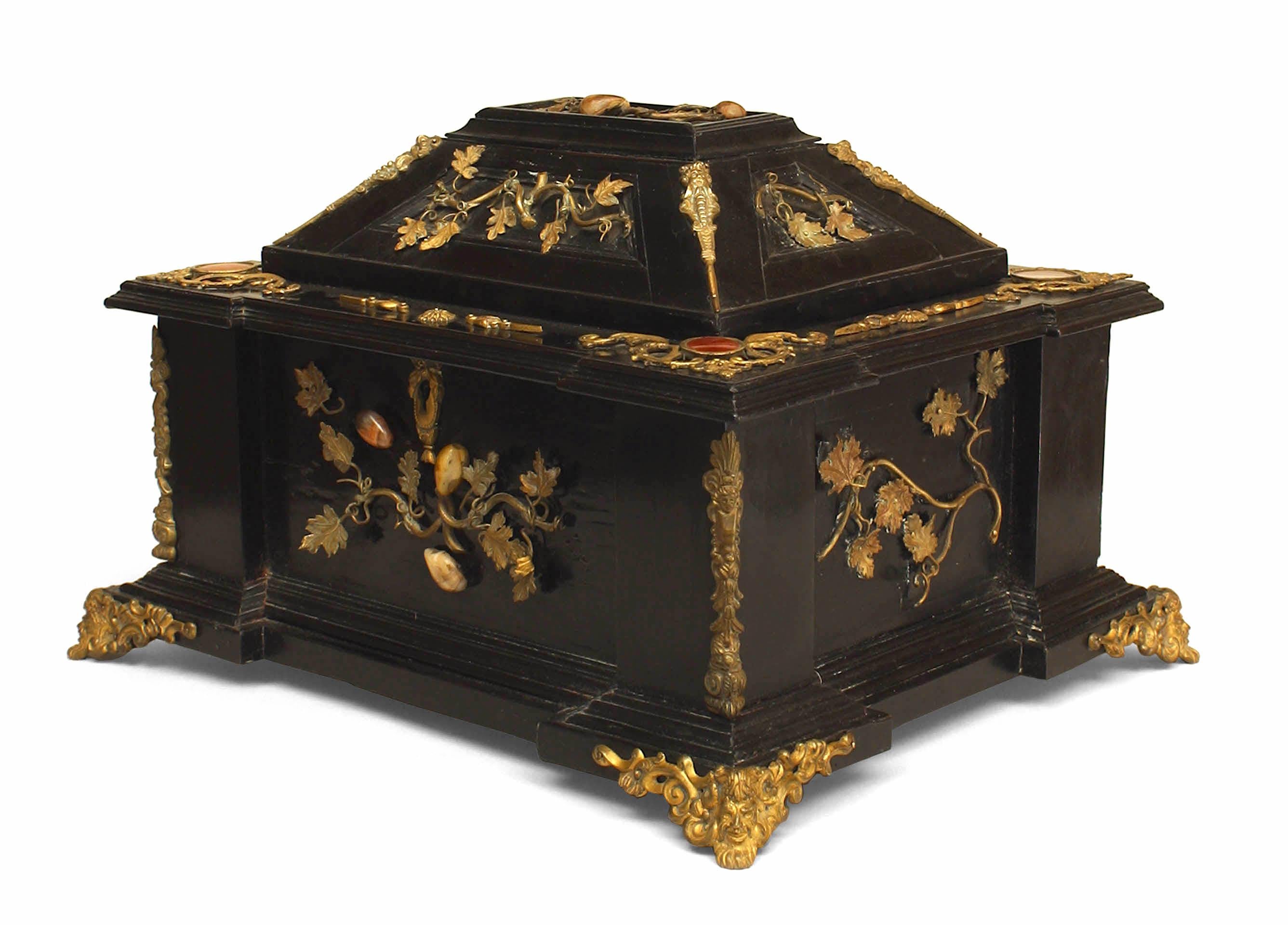 Italian Renaissance-style (19th Century) large black lacquered box with semi precious stones and bronze floral trim
