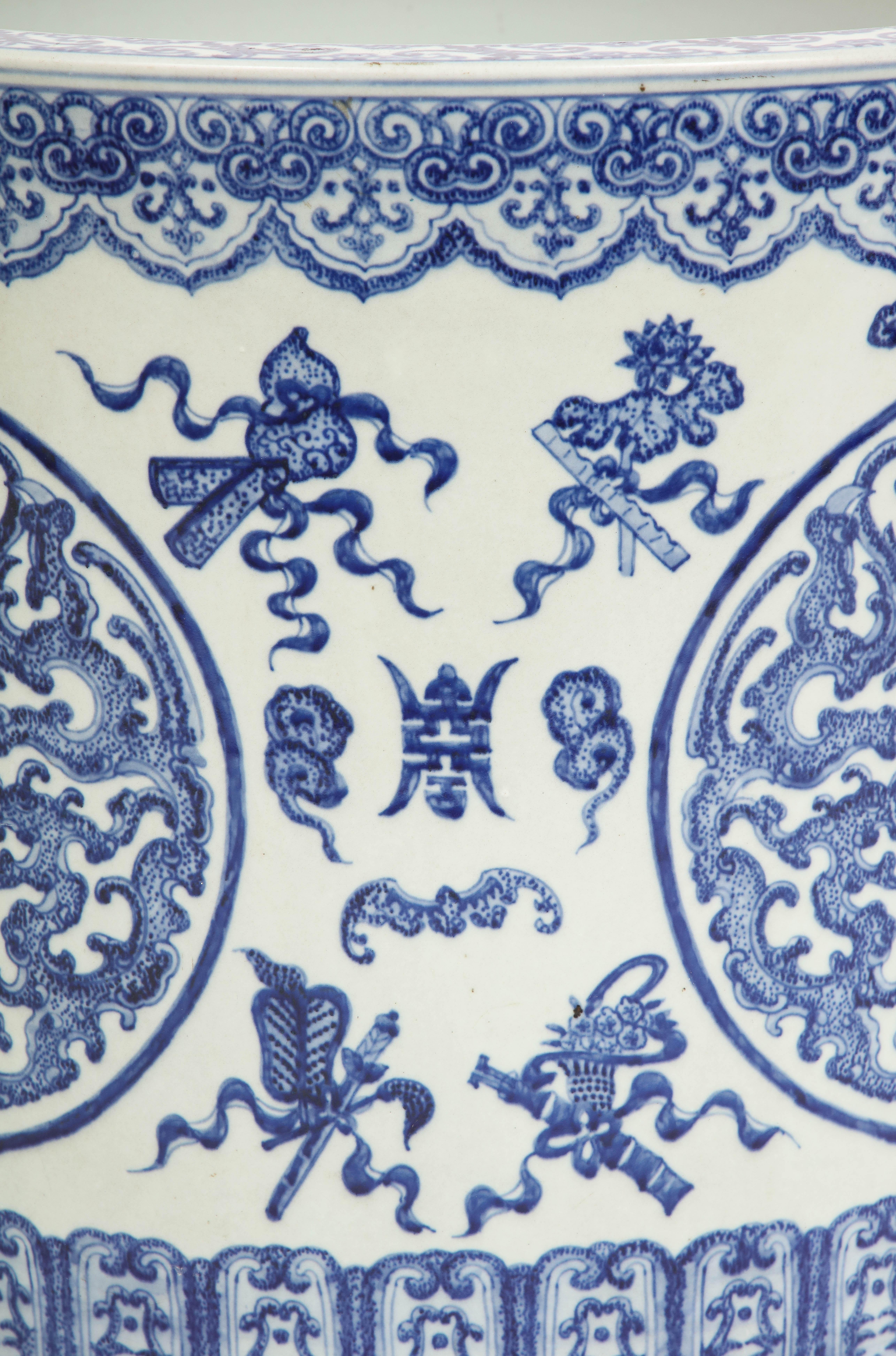 Large 19th C. Chinese Blue & White Porcelain Planter/Fishbowl W Chinese Emblems 5