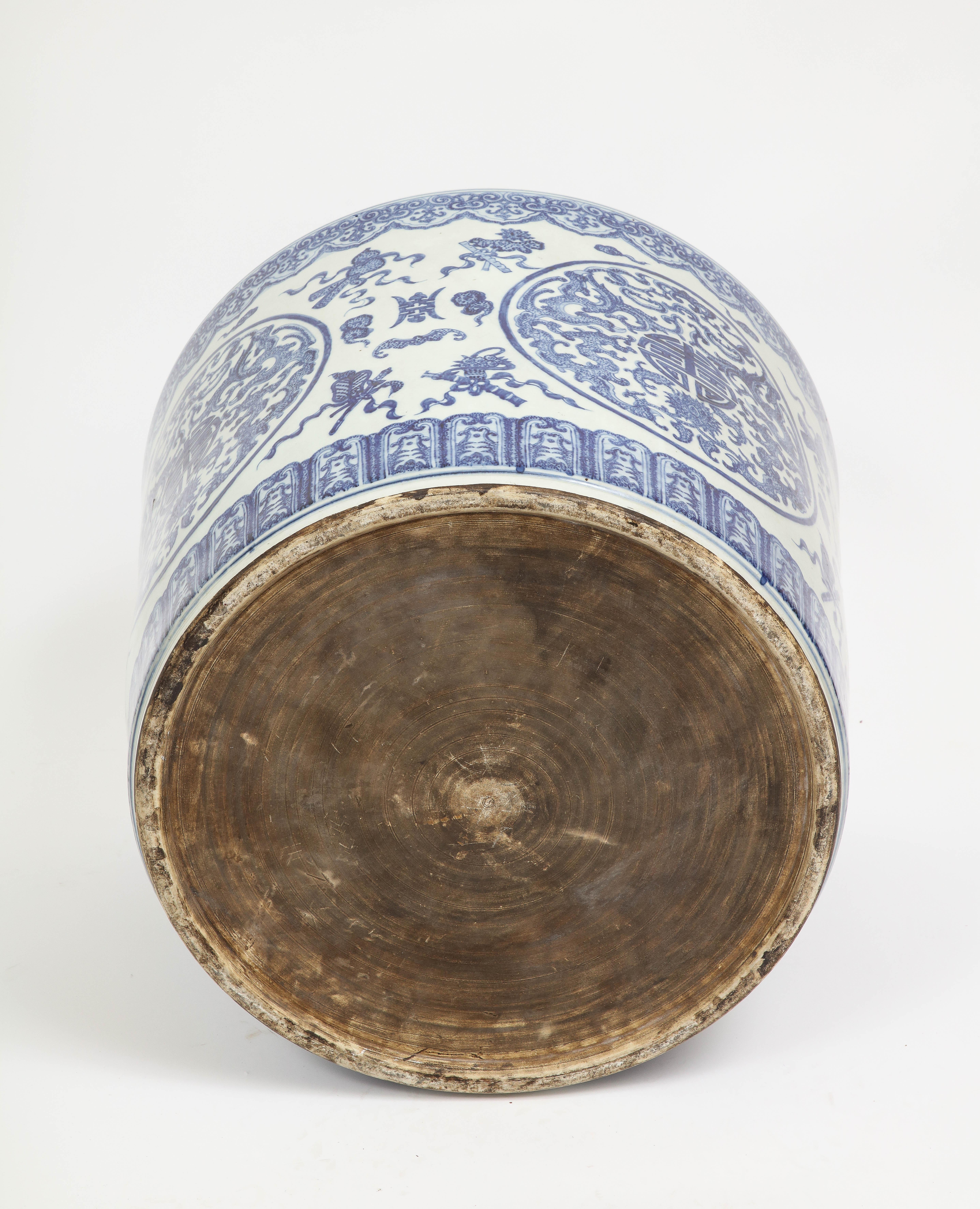 Large 19th C. Chinese Blue & White Porcelain Planter/Fishbowl W Chinese Emblems  6