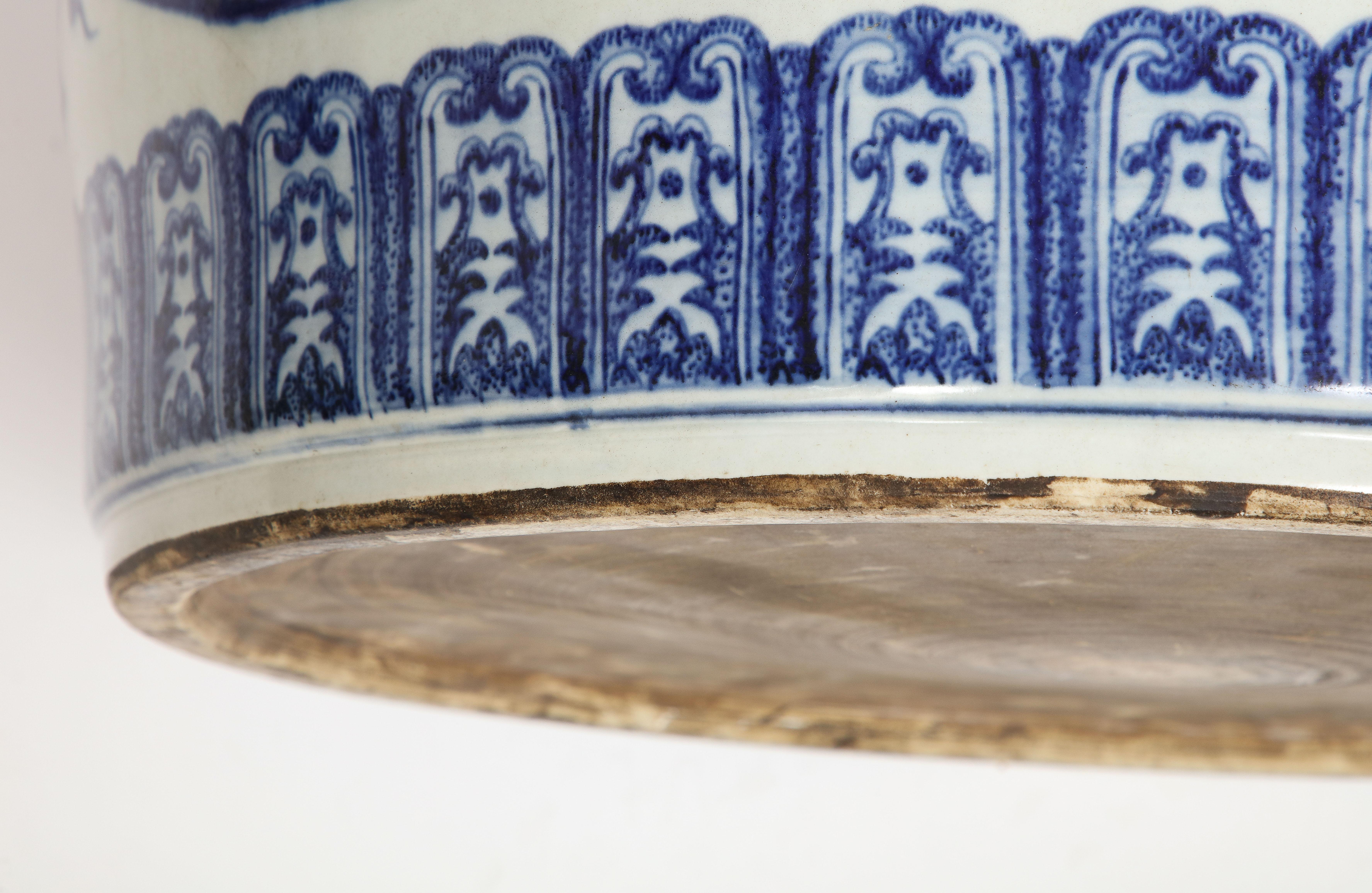 Large 19th C. Chinese Blue & White Porcelain Planter/Fishbowl W Chinese Emblems  7
