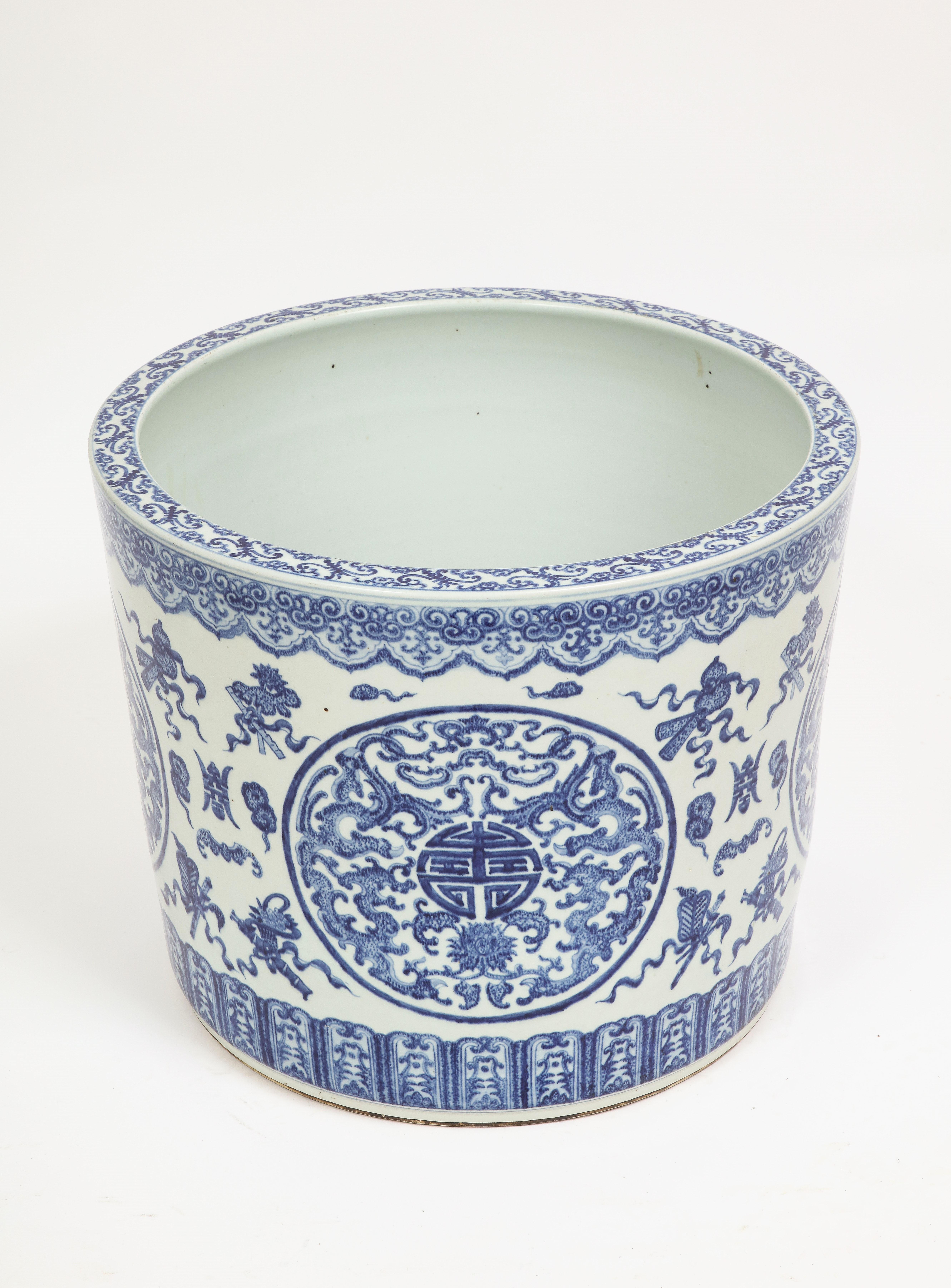 Qing Large 19th C. Chinese Blue & White Porcelain Planter/Fishbowl W Chinese Emblems