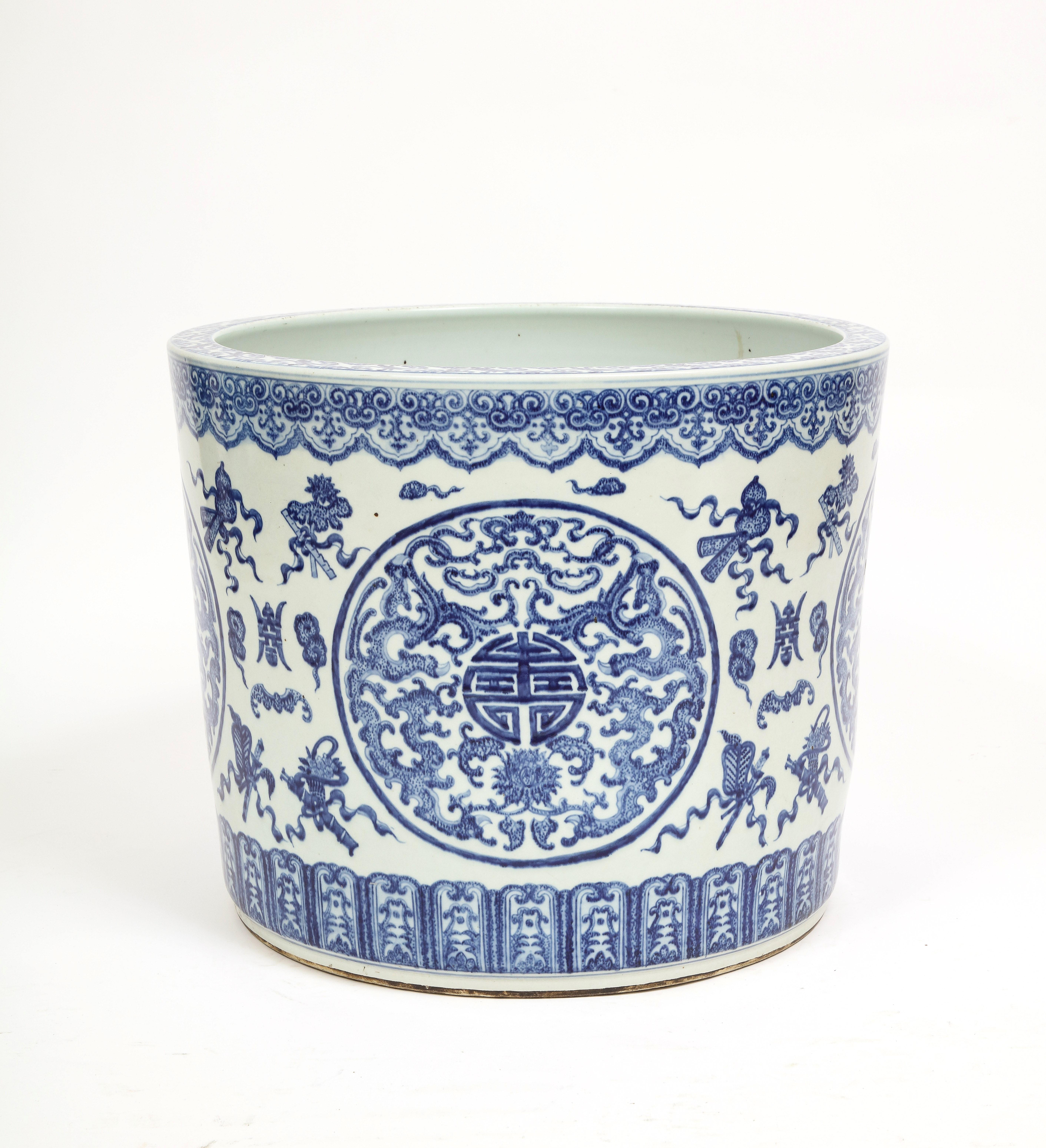 Hand-Carved Large 19th C. Chinese Blue & White Porcelain Planter/Fishbowl W Chinese Emblems 