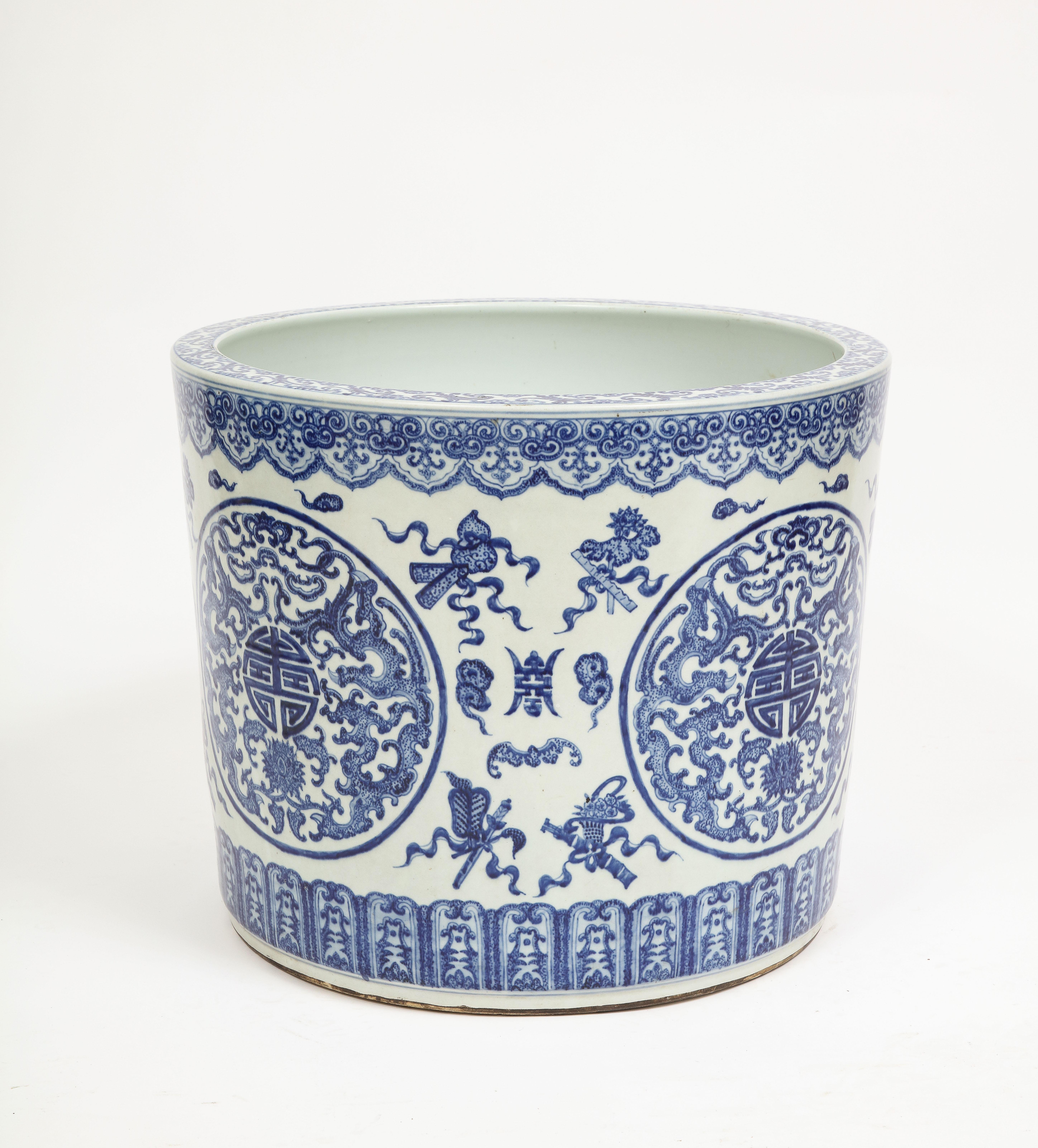 Large 19th C. Chinese Blue & White Porcelain Planter/Fishbowl W Chinese Emblems  In Good Condition In New York, NY