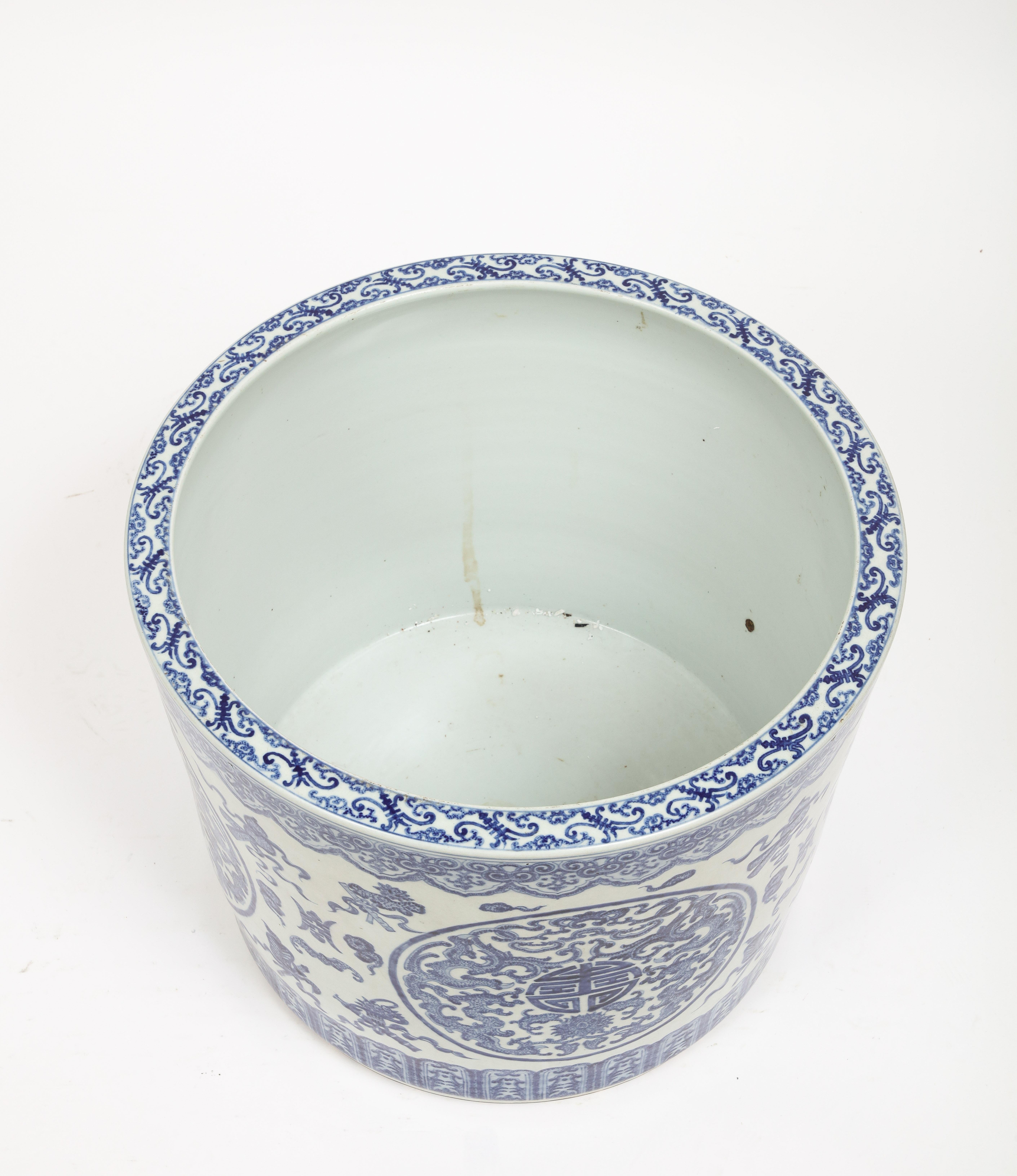 Mid-19th Century Large 19th C. Chinese Blue & White Porcelain Planter/Fishbowl W Chinese Emblems 