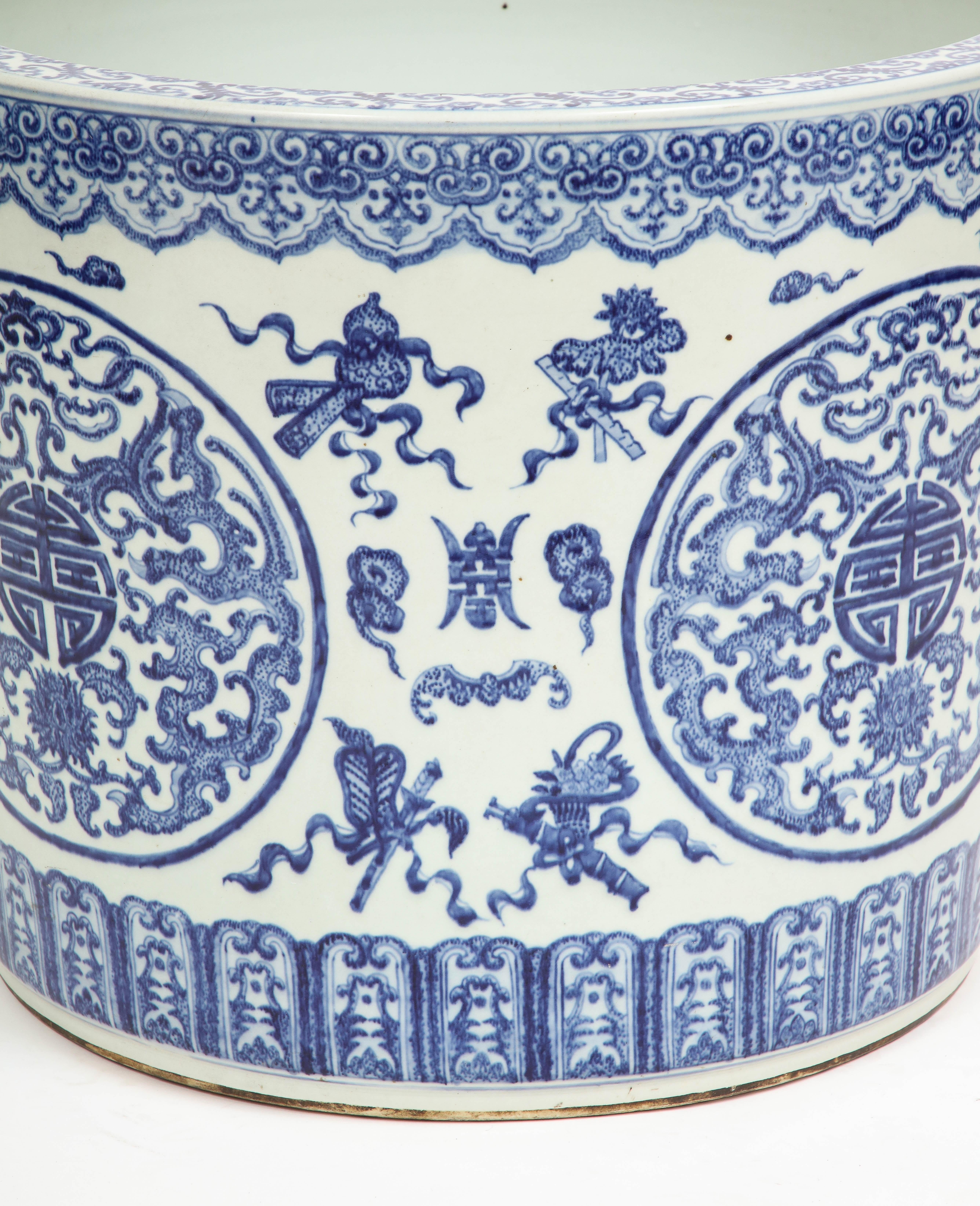 Large 19th C. Chinese Blue & White Porcelain Planter/Fishbowl W Chinese Emblems  1