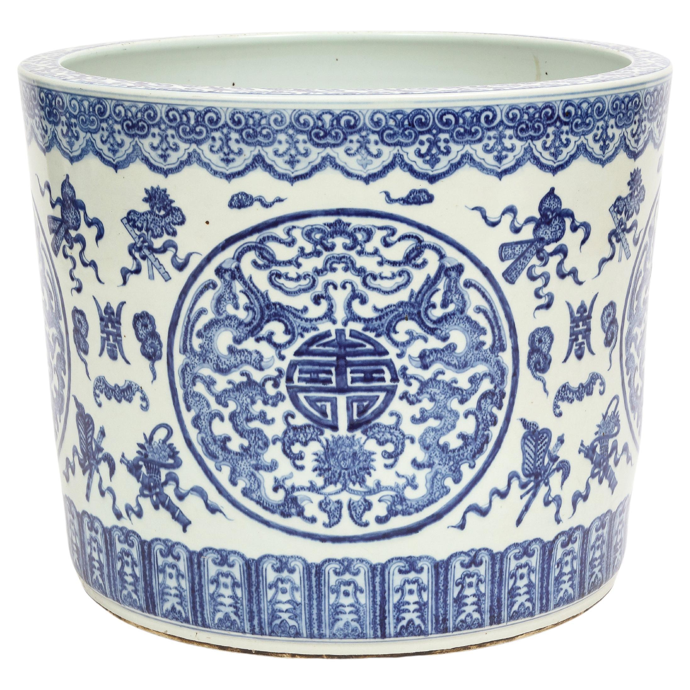 Large 19th C. Chinese Blue & White Porcelain Planter/Fishbowl W Chinese Emblems 