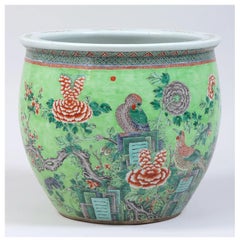 Large 19th c. Chinese Export Famille Rose Porcelain Fish Bowl Jardiniere Planter