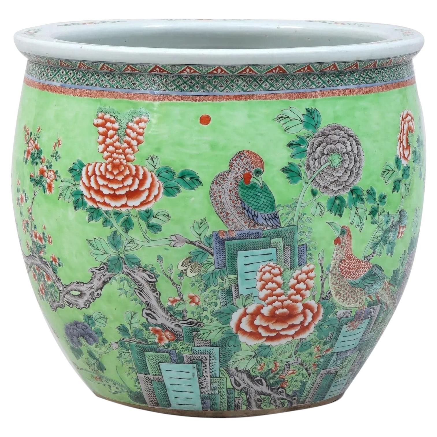 Large 19th c. Chinese Export Famille Rose Porcelain Fish Bowl Jardiniere Planter