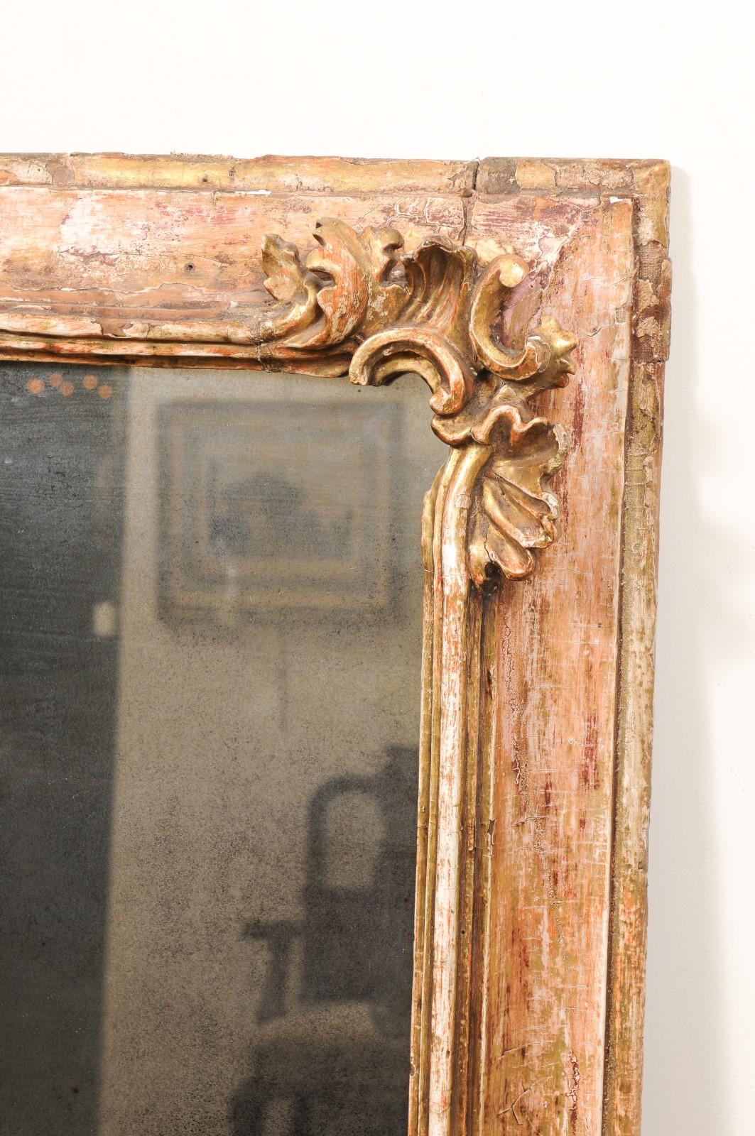  Large 19th C Continental Rococo Style Mirror w/ Stripped Gilt /Red Gesso finish For Sale 1
