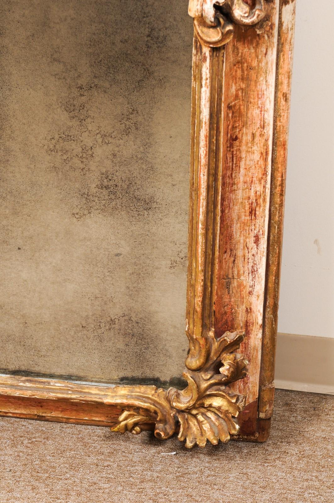  Large 19th C Continental Rococo Style Mirror w/ Stripped Gilt /Red Gesso finish For Sale 2