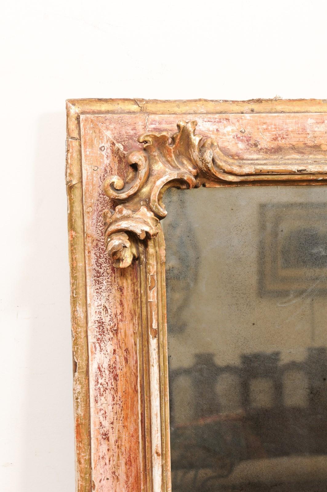  Large 19th C Continental Rococo Style Mirror w/ Stripped Gilt /Red Gesso finish For Sale 4