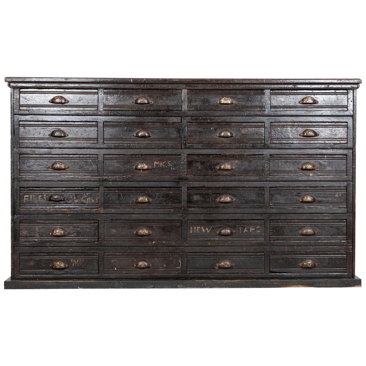 Large 19th C English Engineers Ebonised Bank of Drawers