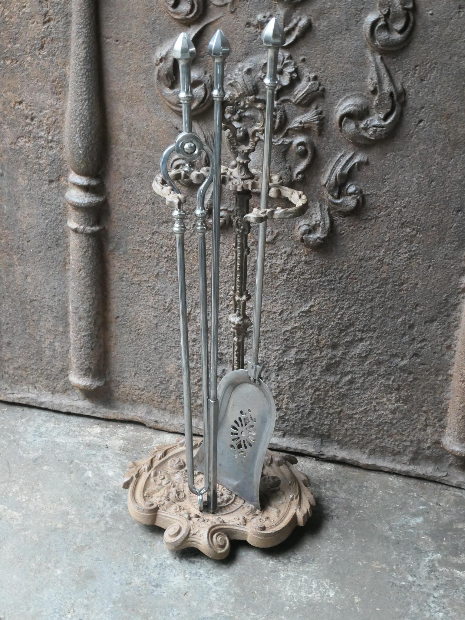 Cast Large 19th C. English Iron and Polished Steel Victorian Fireside Companion Set For Sale
