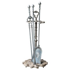 Large 19th C. English Iron and Polished Steel Victorian Fireside Companion Set