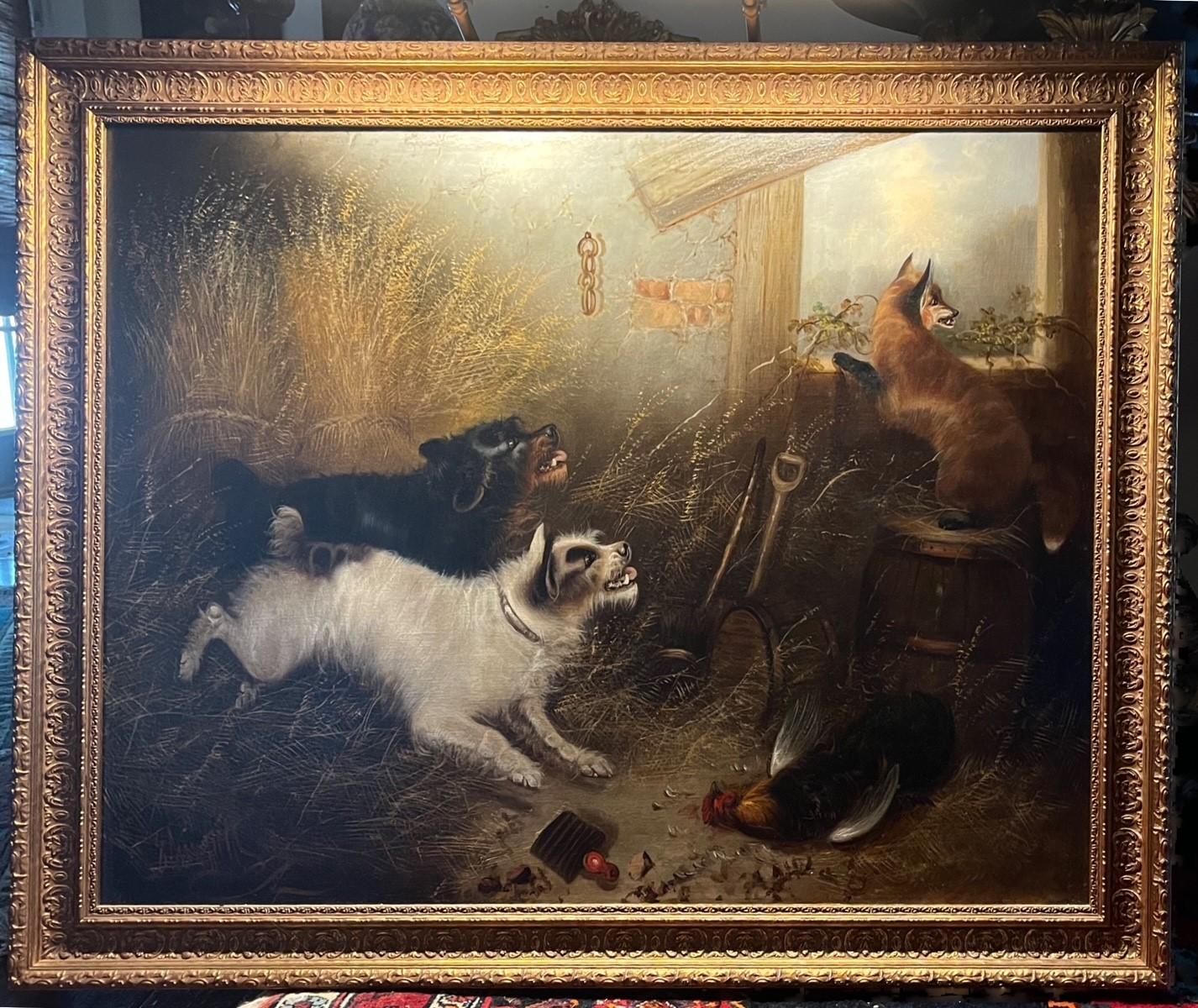 Large 19th Century English Oil Painting -Chasing the Fox- signed E. Armfield

Large, signed painting in oil on canvas. It features two dogs chasing a fox away from a rooster. The painting is executed in the highest artistic perfection with intricate