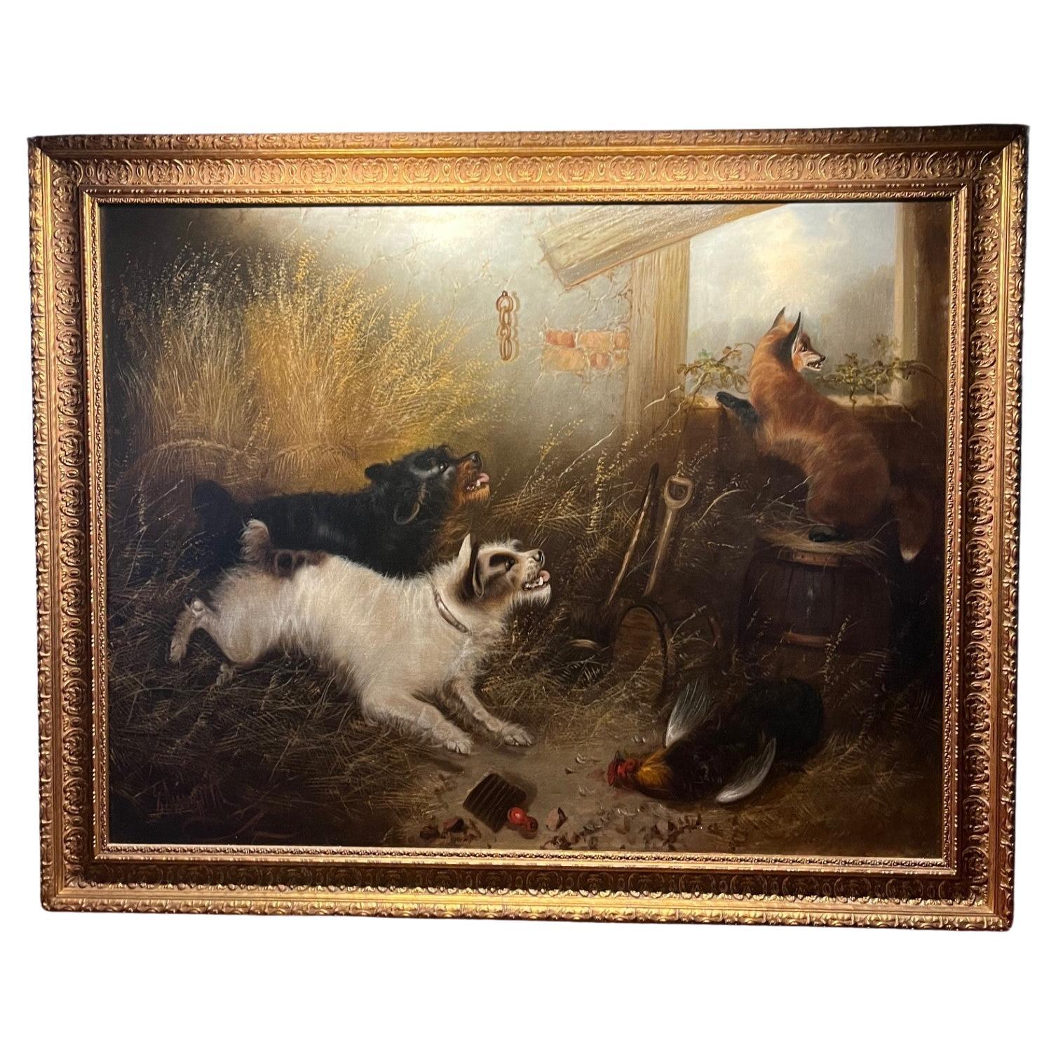 Grande peinture à l'huile anglaise du 19e siècle - Chasing the Fox signée E. Armfield en vente