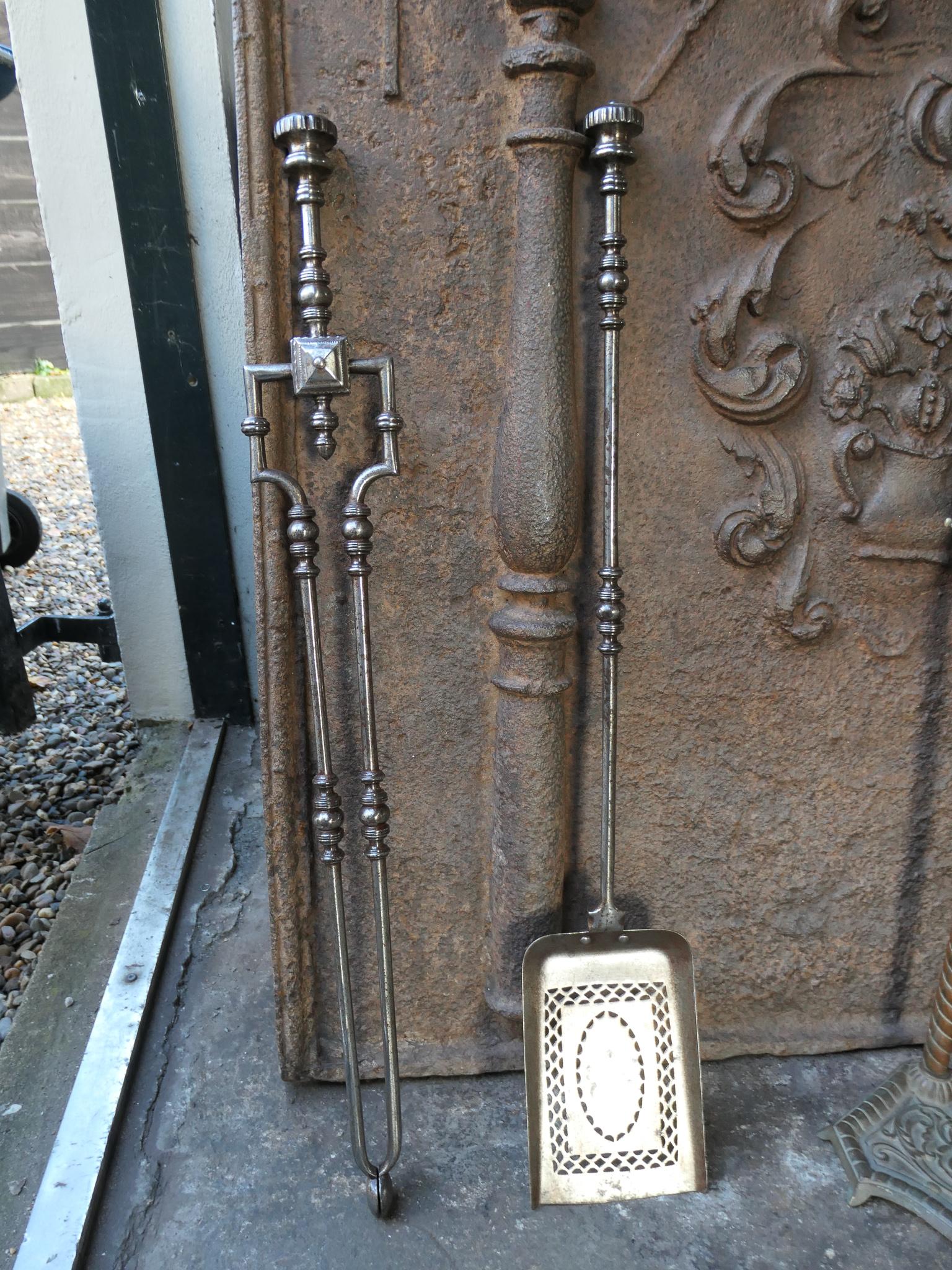 Large 19th C. English Polished Steel and Brass Georgian Fireplace Tools For Sale 2