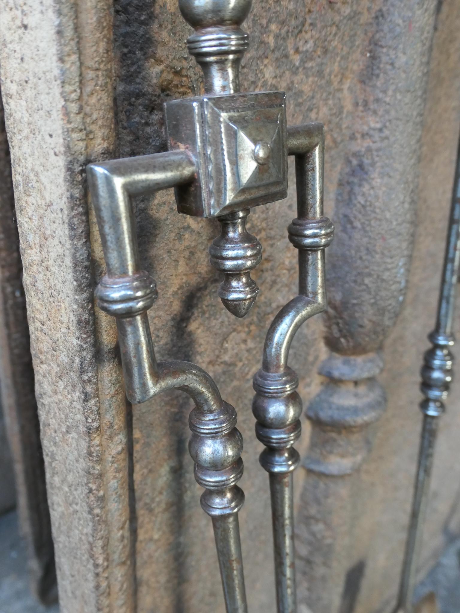 Large 19th C. English Polished Steel and Brass Georgian Fireplace Tools For Sale 4