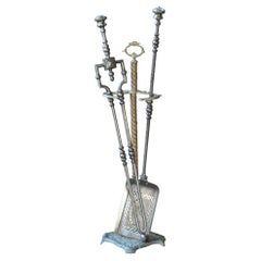 Large 19th C. English Polished Steel and Brass Georgian Fireplace Tools