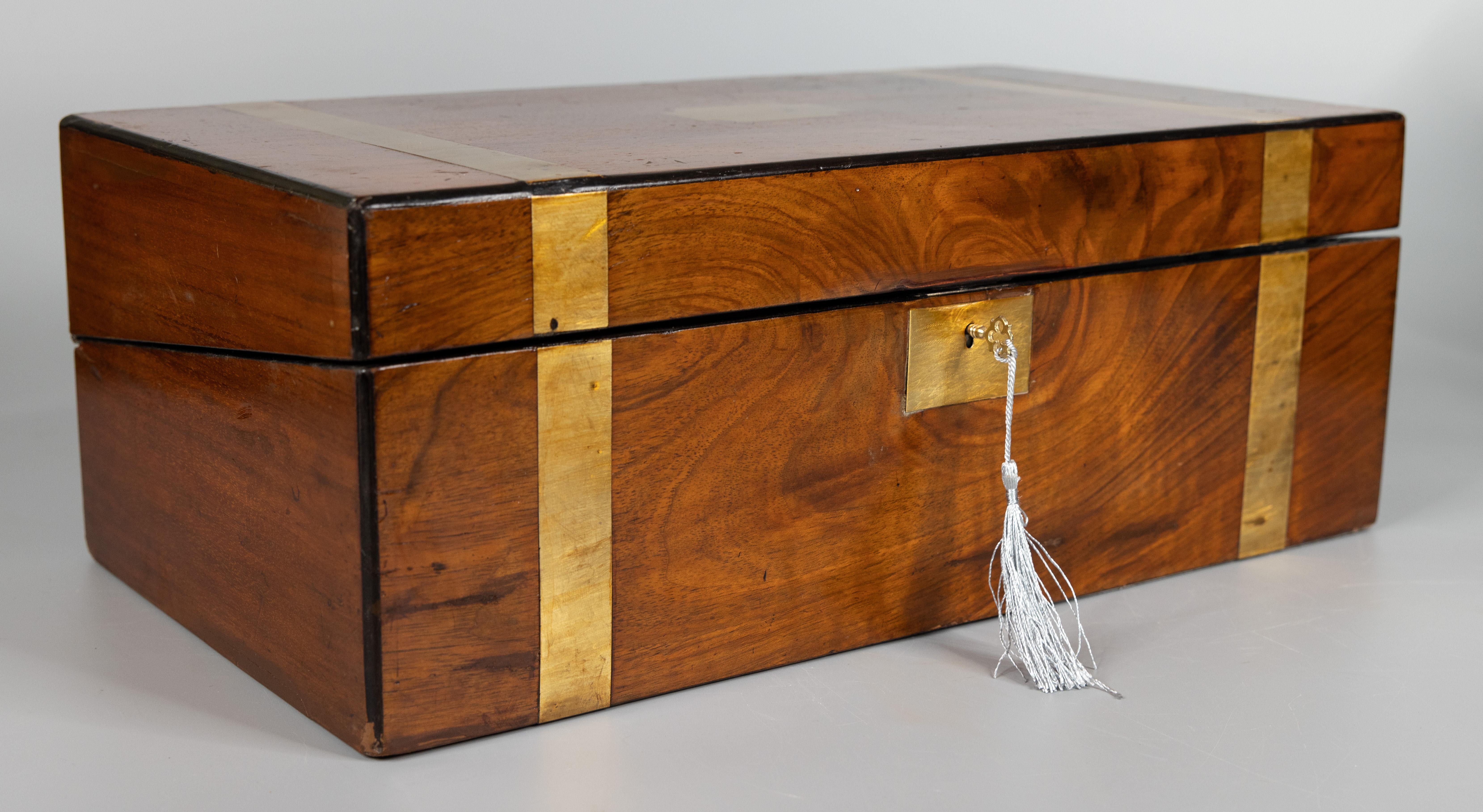 Large 19th C. English Walnut & Brass Campaign Style Box, Lock & Key 6