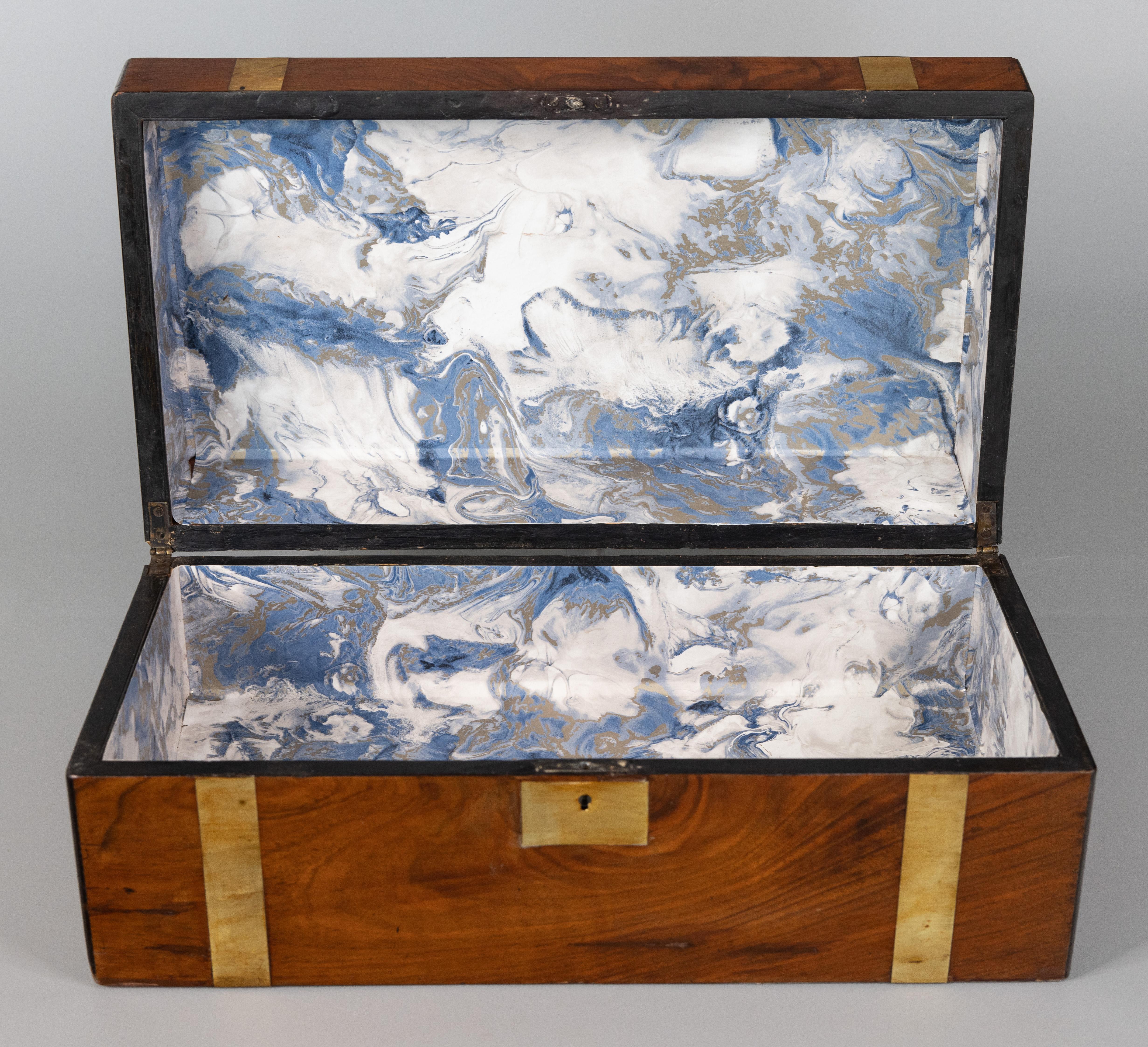 Hand-Crafted Large 19th C. English Walnut & Brass Campaign Style Box, Lock & Key