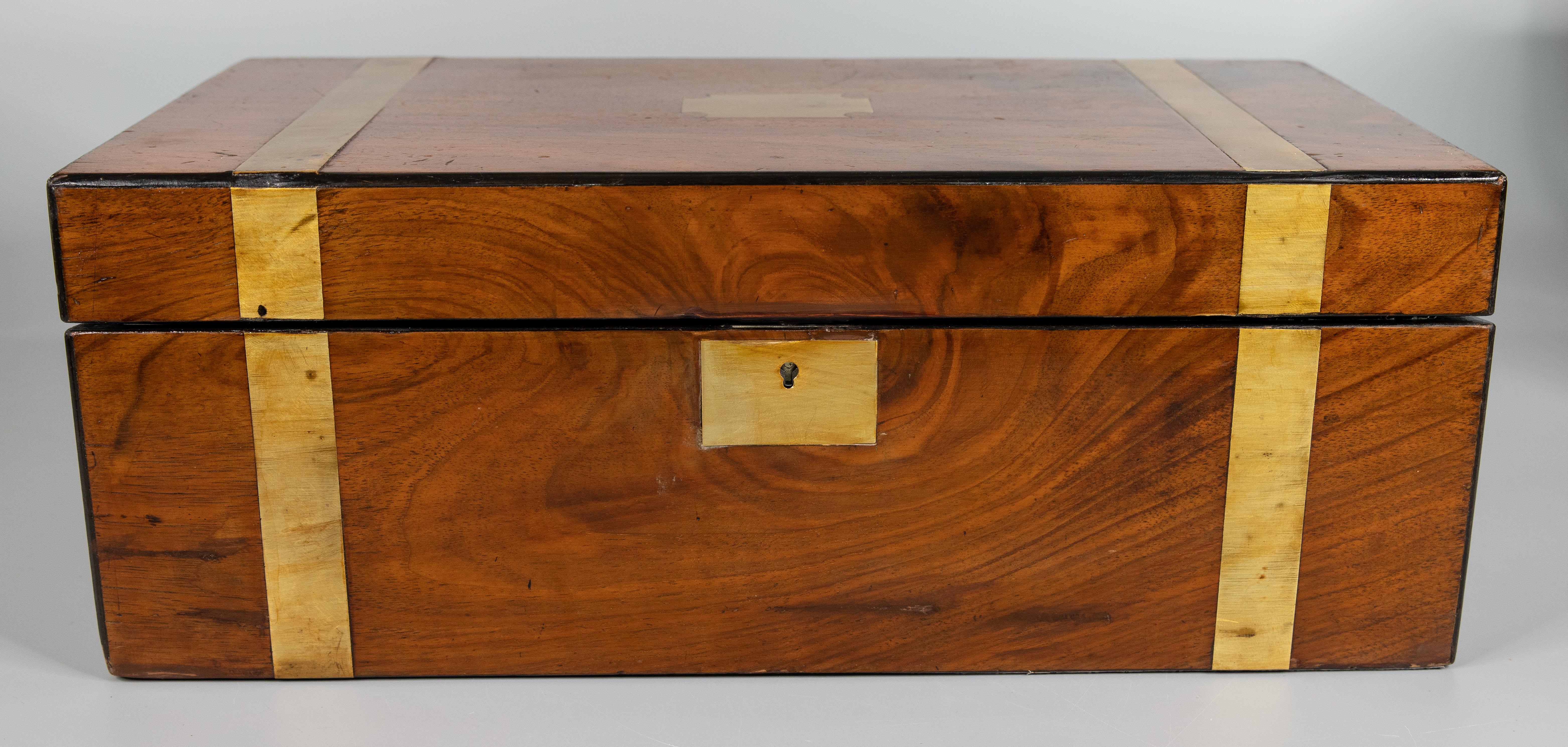 Large 19th C. English Walnut & Brass Campaign Style Box, Lock & Key 1
