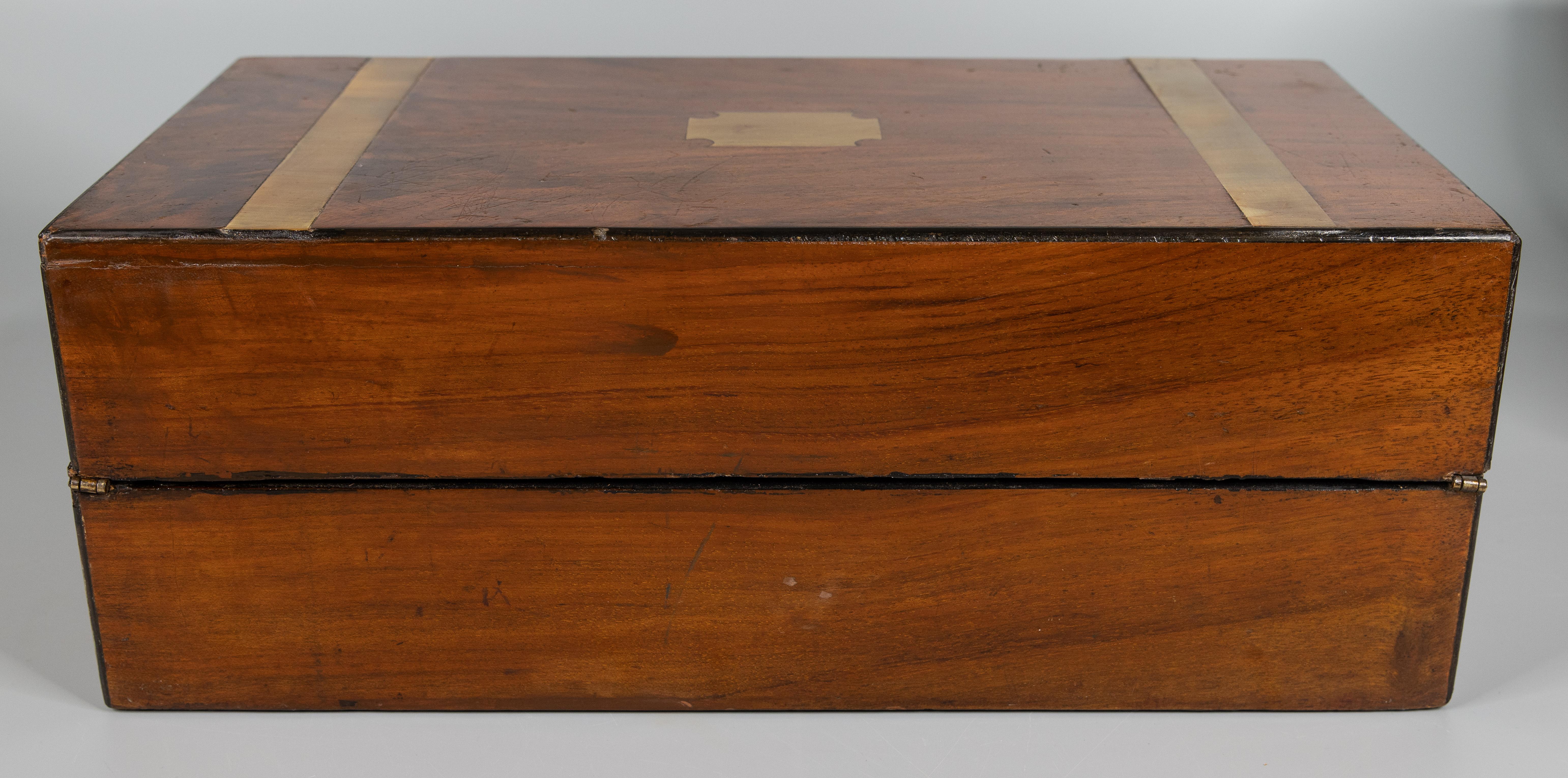 Large 19th C. English Walnut & Brass Campaign Style Box, Lock & Key 3