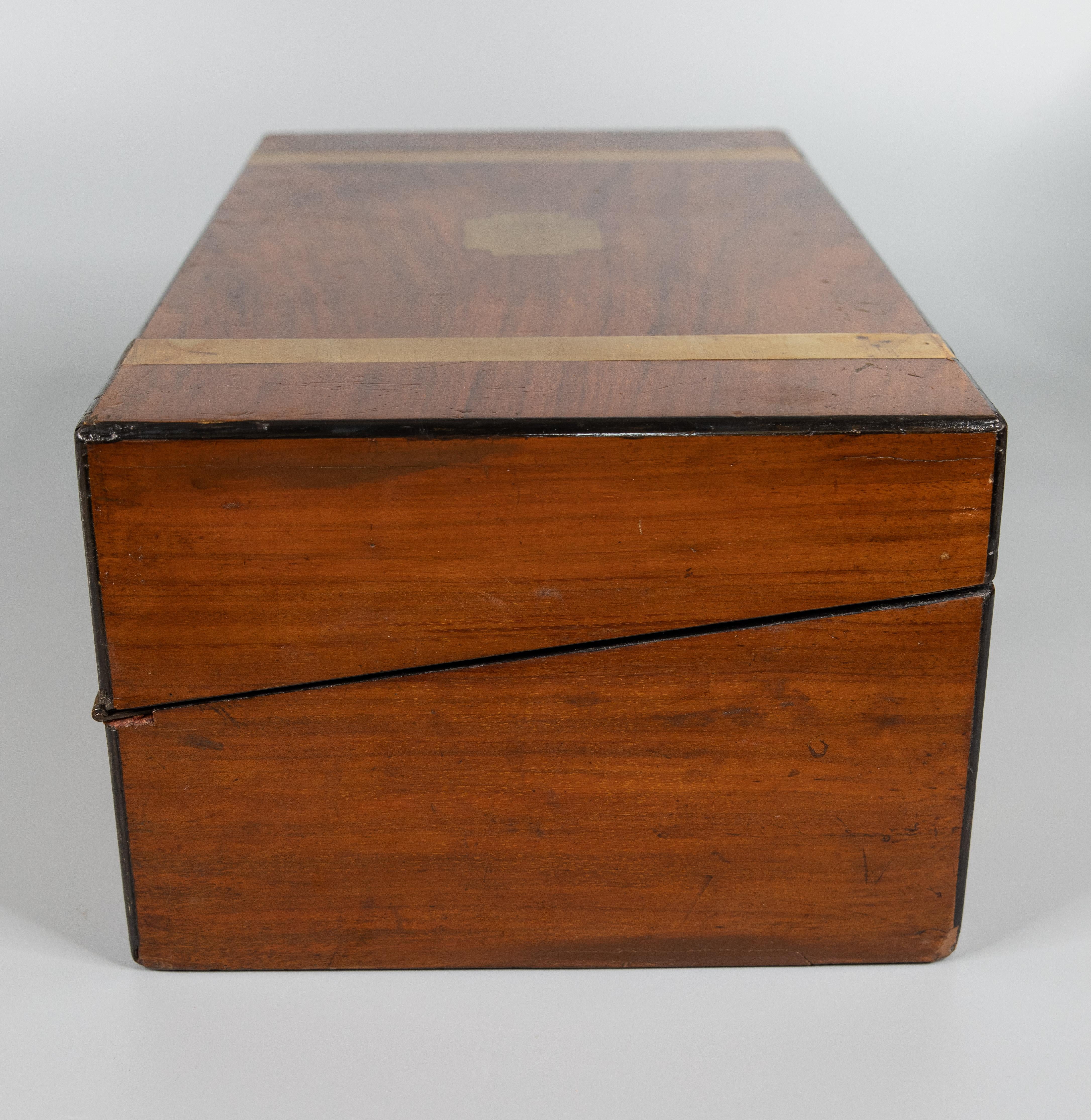 Large 19th C. English Walnut & Brass Campaign Style Box, Lock & Key 4