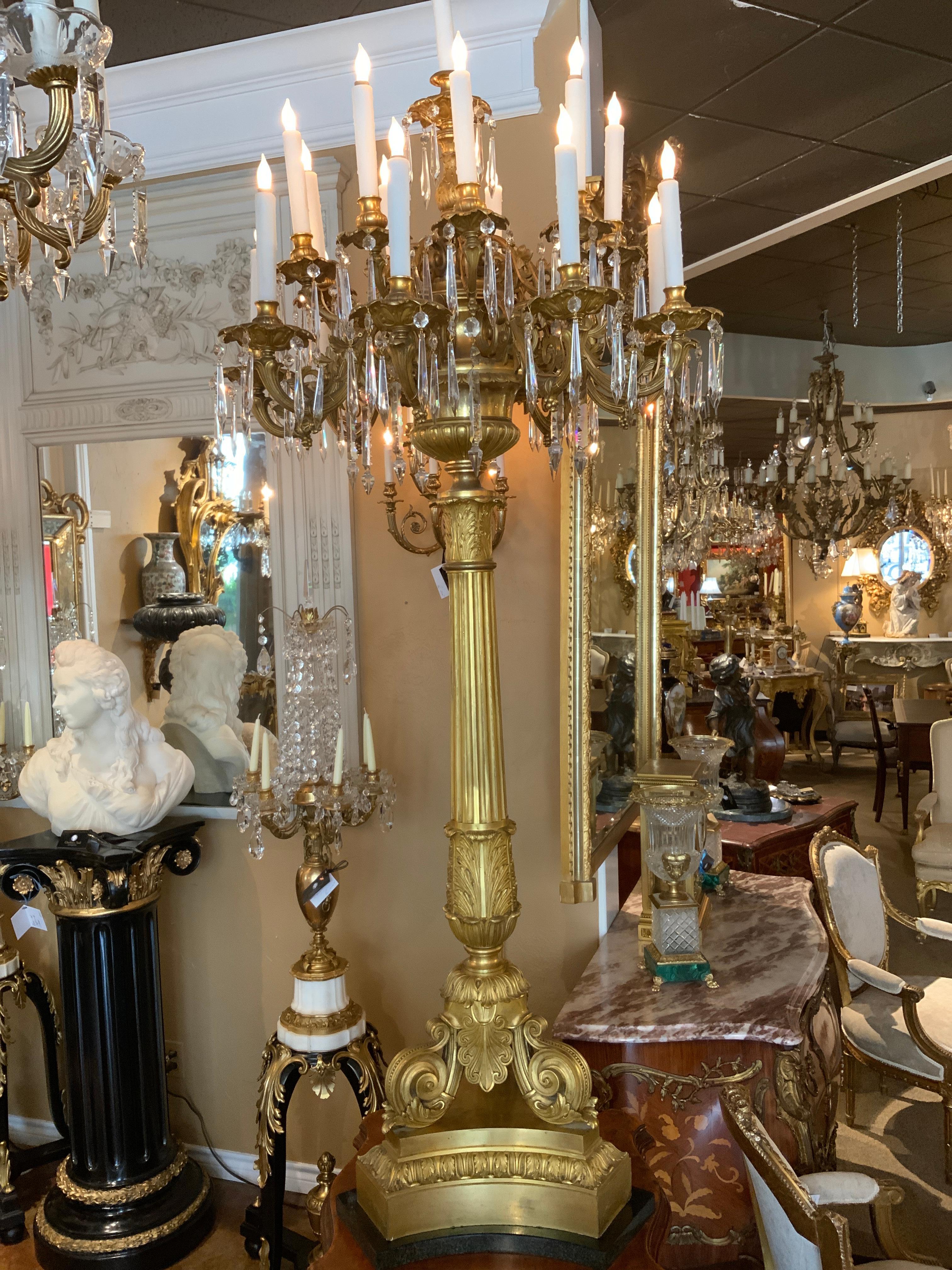 19th Century Large 19th  c. French Bronze Doré and Crystal 19-Light Torchieres/candelabrum For Sale