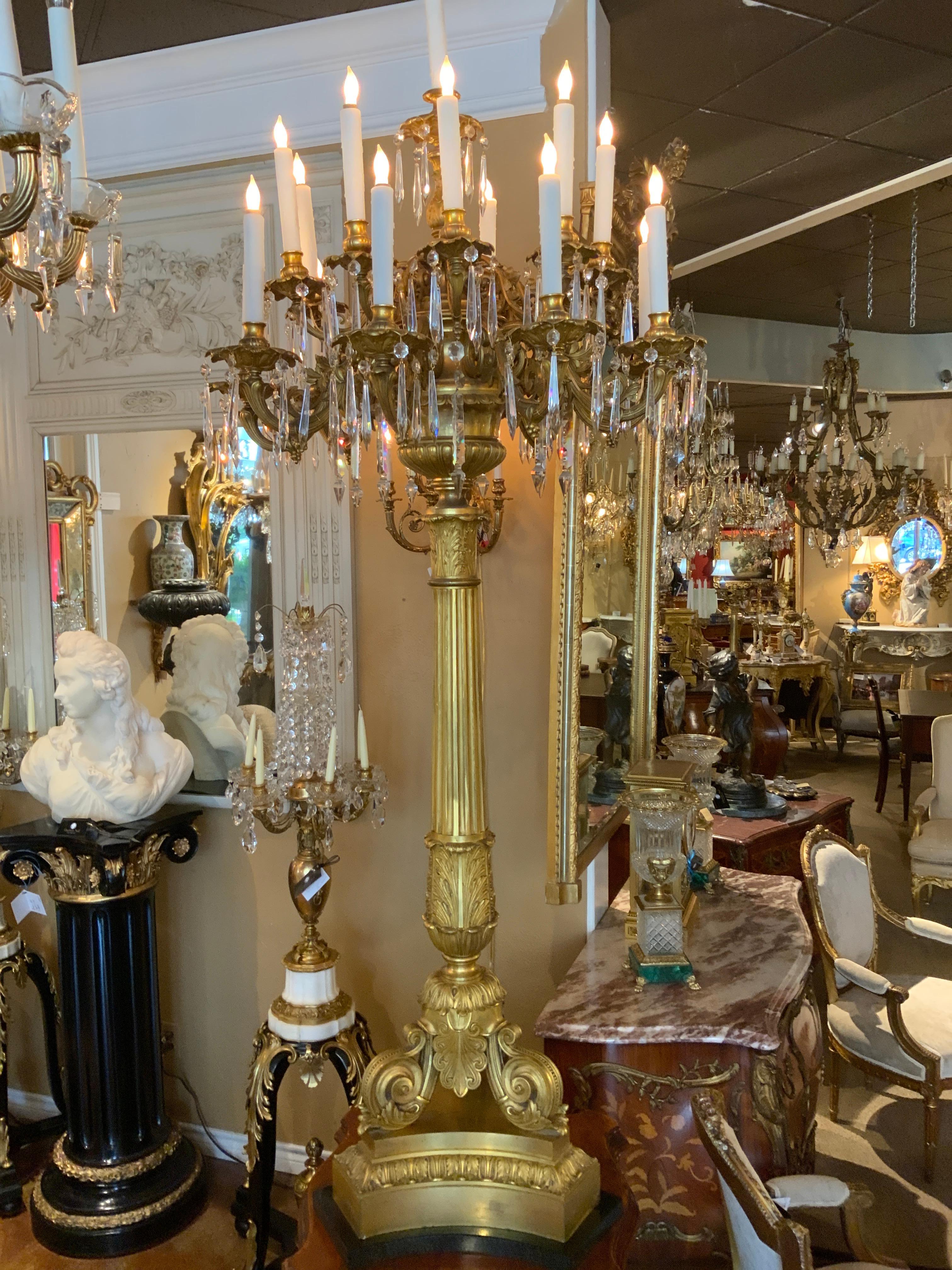 Large 19th  c. French Bronze Doré and Crystal 19-Light Torchieres/candelabrum For Sale 4