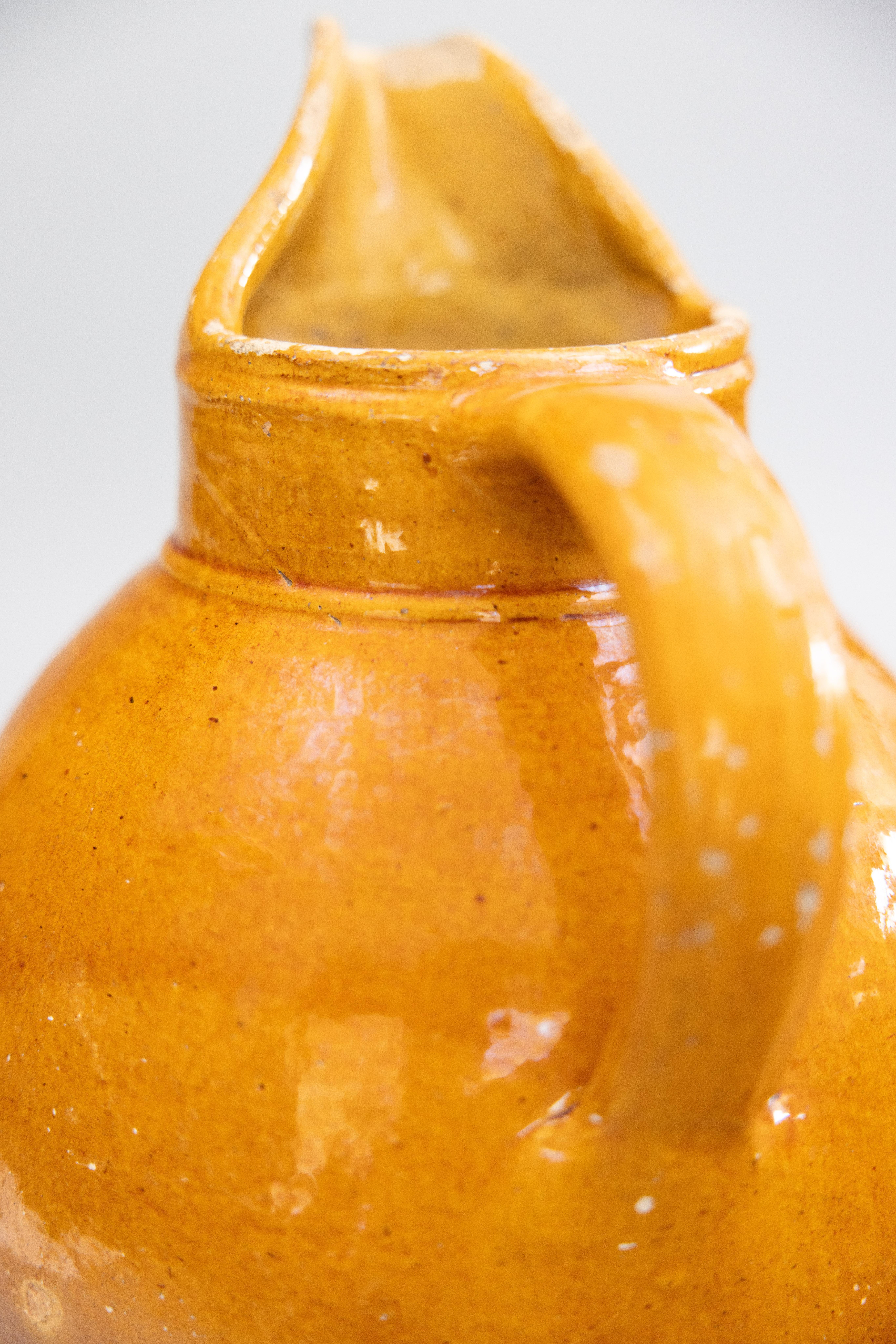 Large 19th C. French Country Ocher Yellow Glazed Terracotta Pitcher Jug Ewer For Sale 1