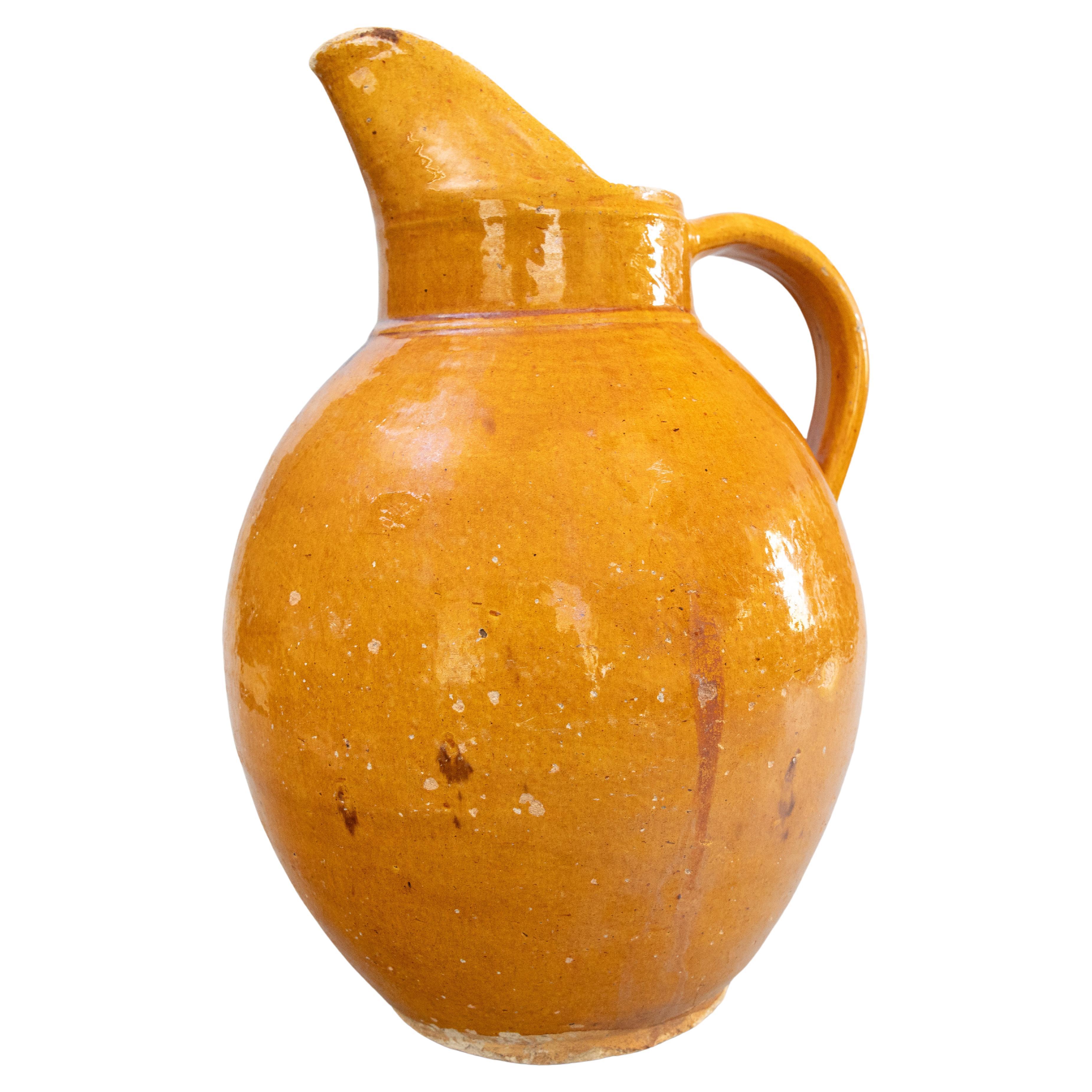 Large 19th C. French Country Ocher Yellow Glazed Terracotta Pitcher Jug Ewer For Sale