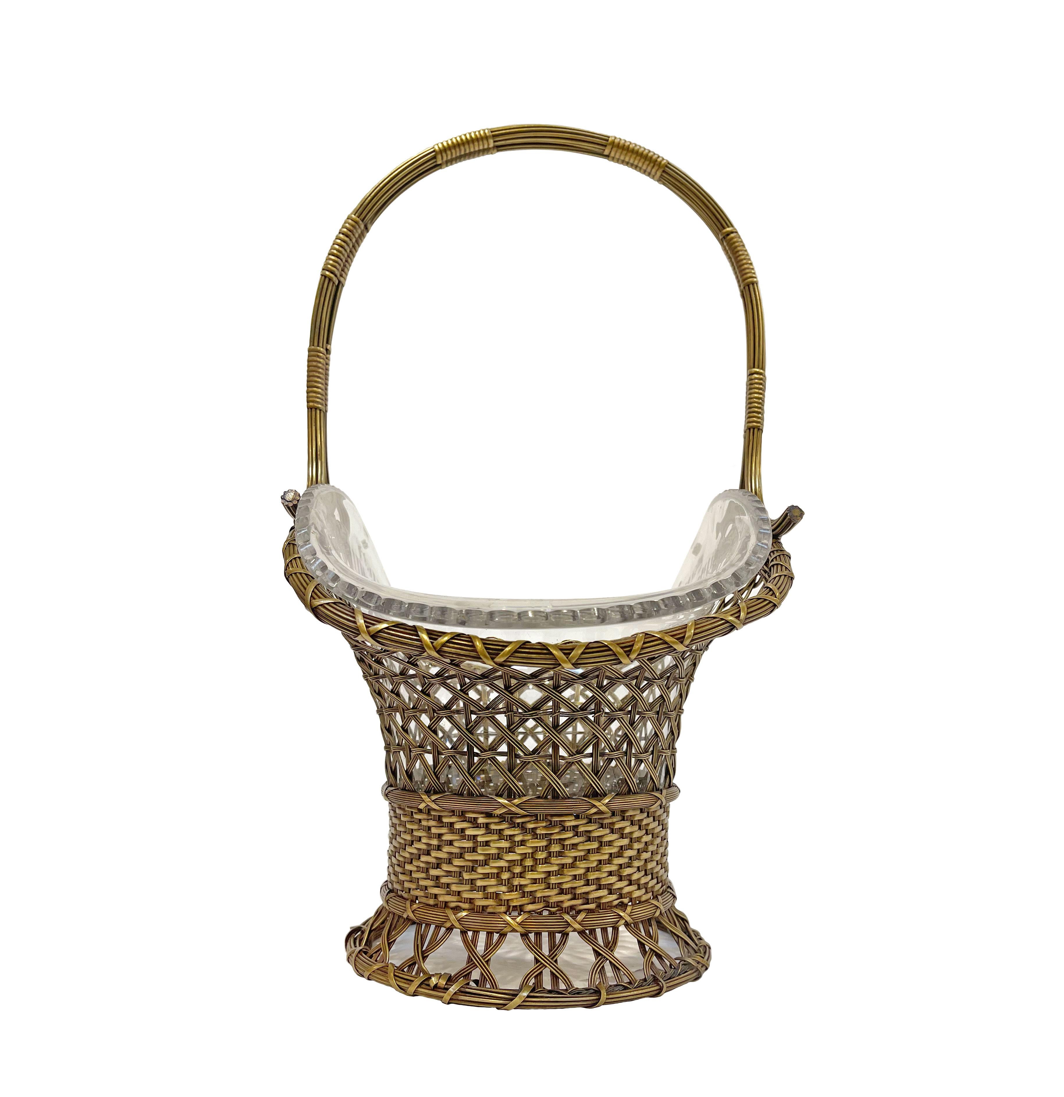 Hand-Carved Large 19th C. French Wire Mesh Bronze and Cut Crystal Basket Jardiniere For Sale