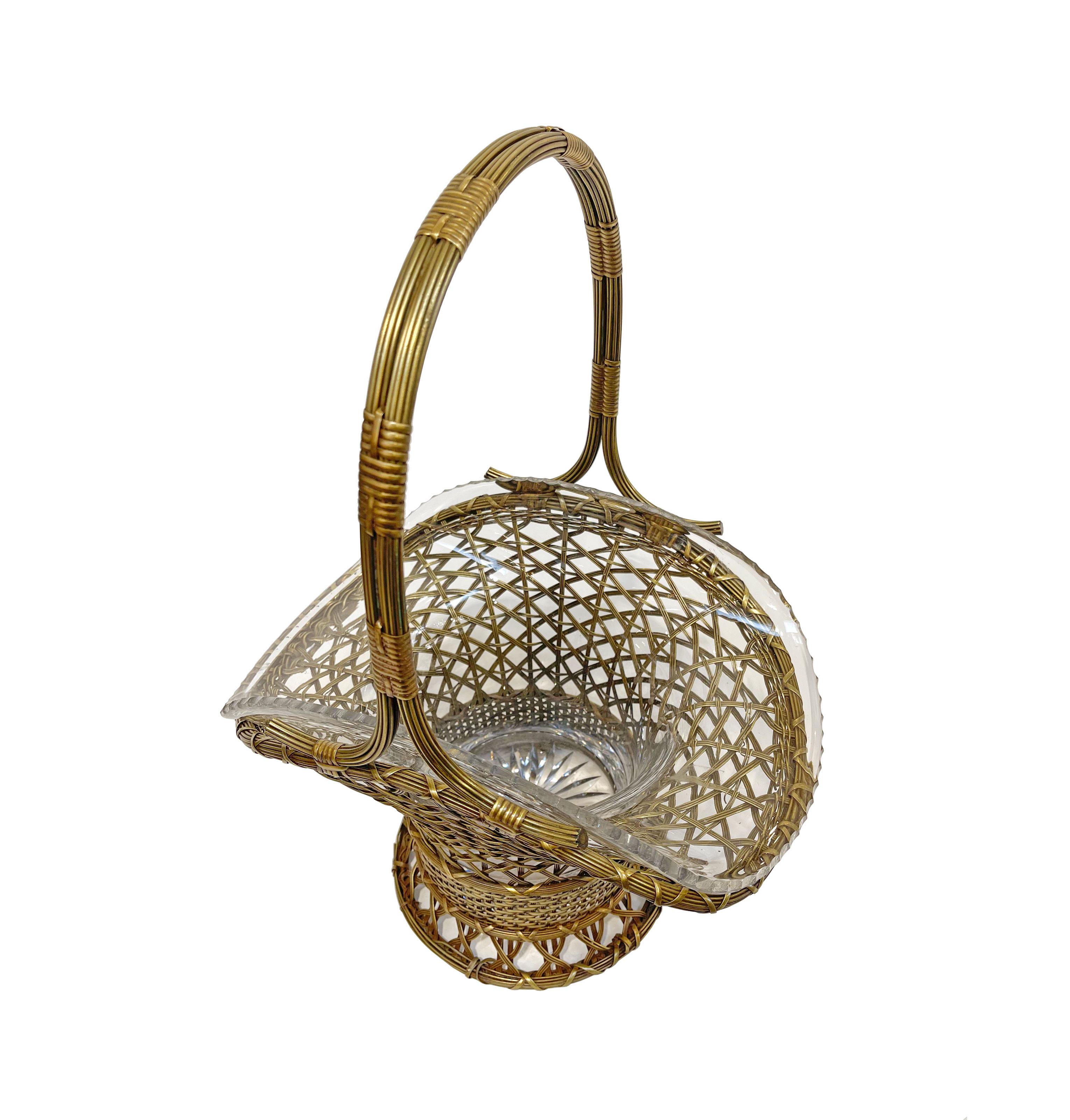 19th Century Large 19th C. French Wire Mesh Bronze and Cut Crystal Basket Jardiniere For Sale