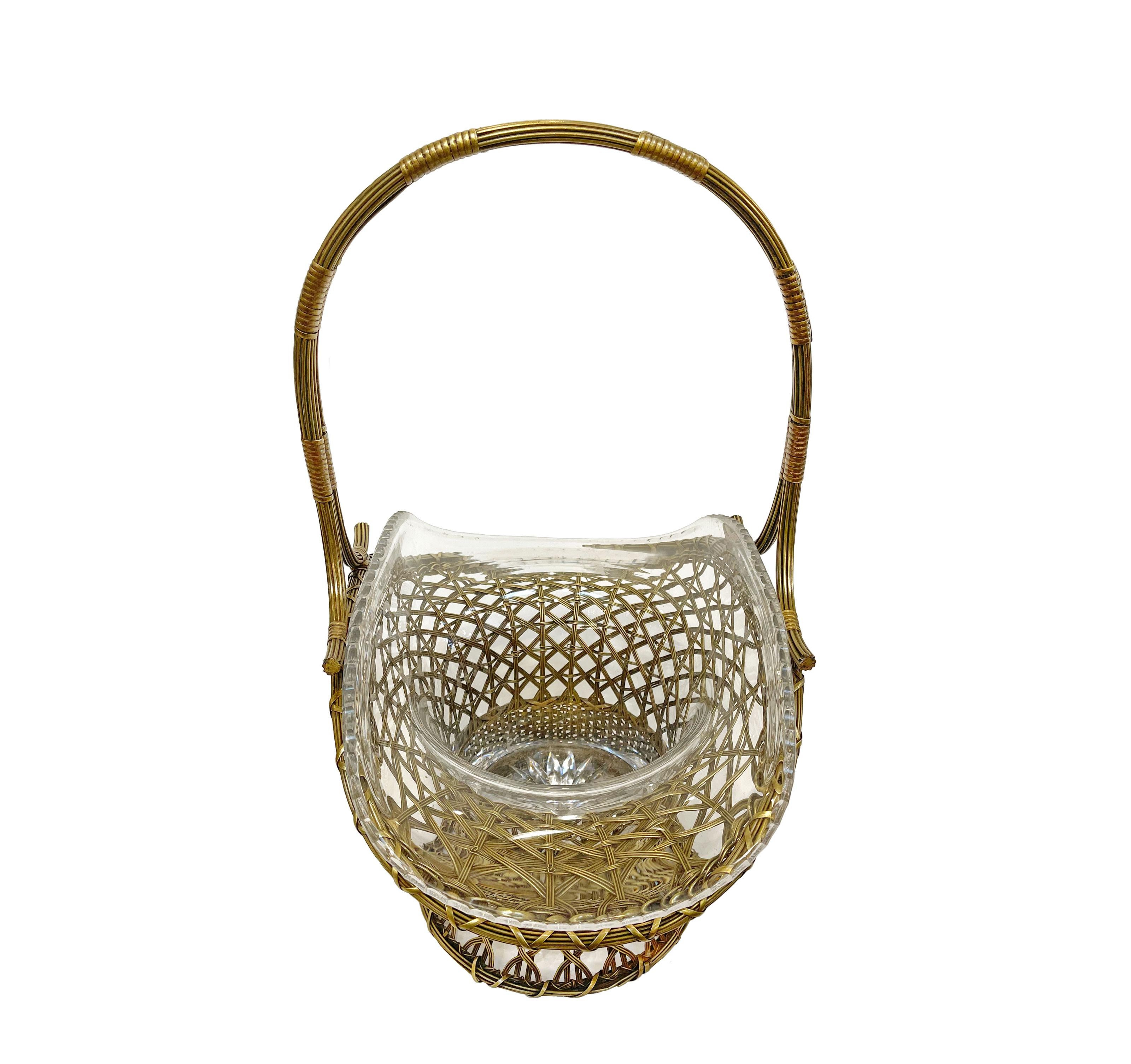 Large 19th C. French Wire Mesh Bronze and Cut Crystal Basket Jardiniere For Sale 1