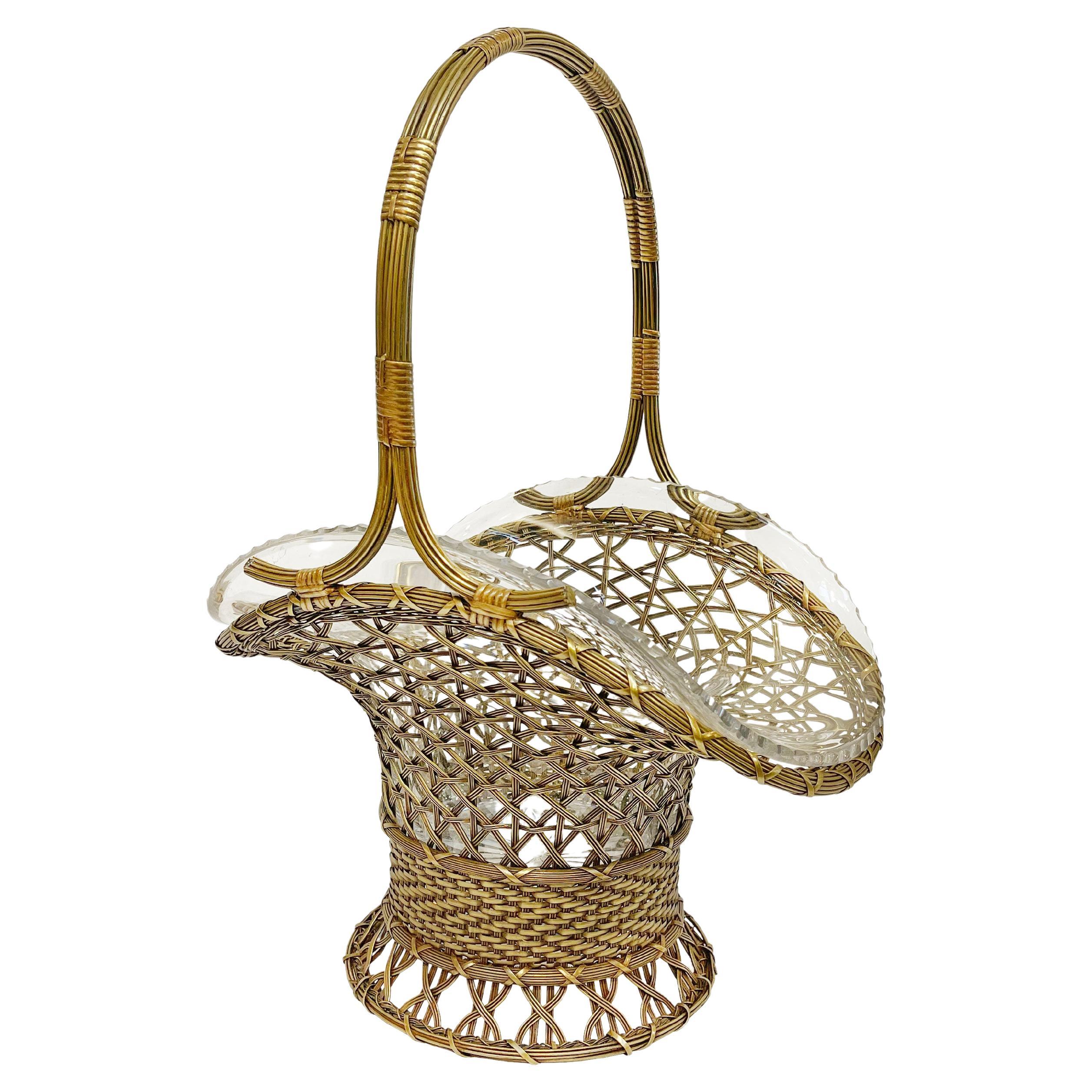 Large 19th C. French Wire Mesh Bronze and Cut Crystal Basket Jardiniere For Sale