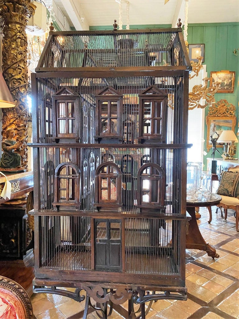 Large 19th C. Hand Crafted Birdcage on Stand Antique Decorative Interior Design For Sale at